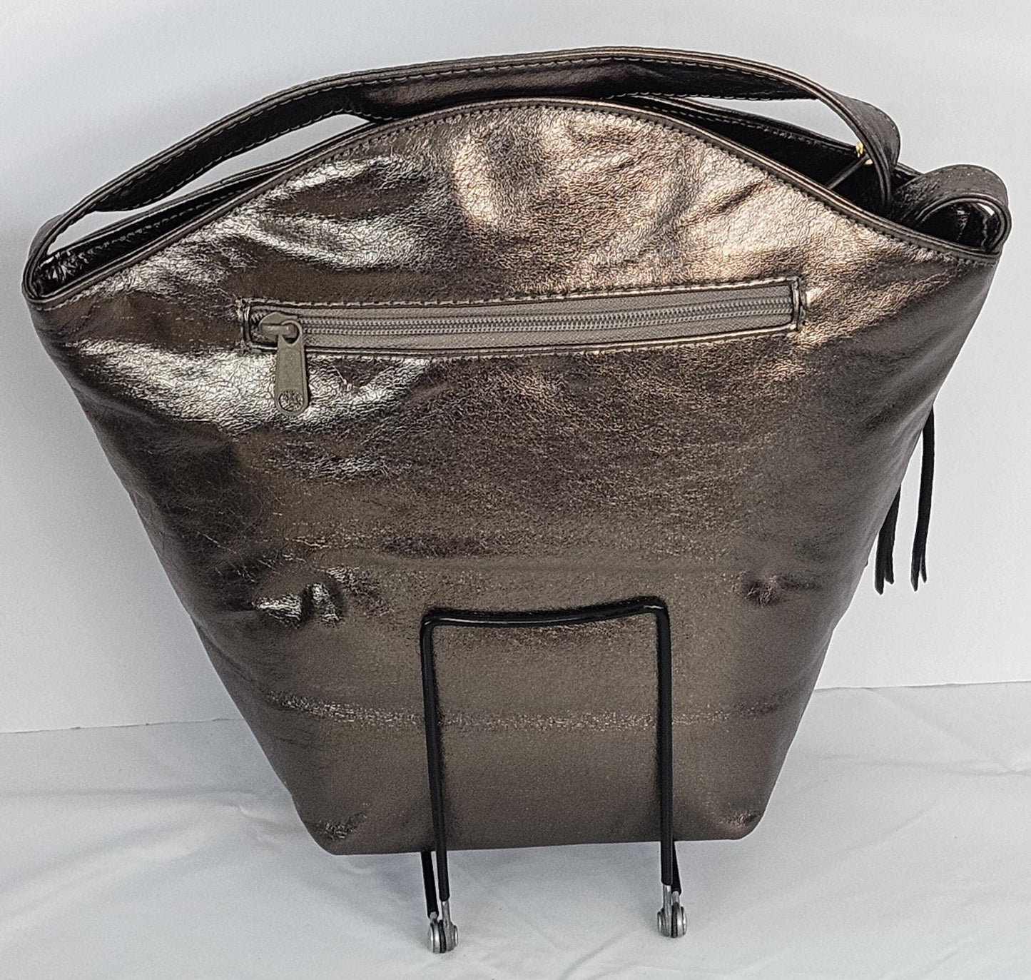 Pewter with Bronx,gold & silver 5 diamonds cut cross Zigzag Genuine Leather Handbag.#TR9047Pbgszig-5-dct cross.Made in USA!