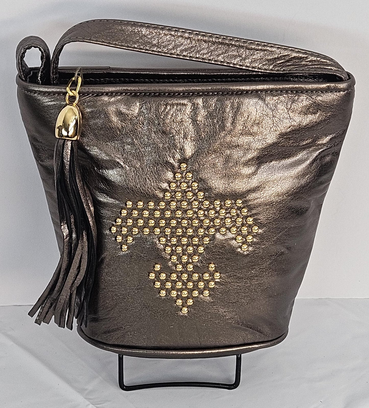 Pewter metallic with gold metal beads design Genuine Leather Handbag.#TR2099pmgb.Made in USA.