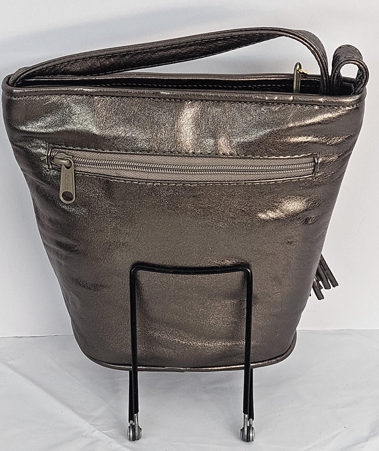 Pewter metallic with gold metal beads design Genuine Leather Handbag.#TR2099pmgb.Made in USA.