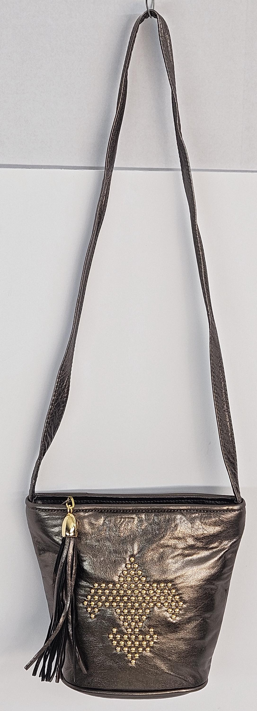 Pewter metallic with gold metal beads design Genuine Leather Handbag.#TR2099pmgb.Made in USA.