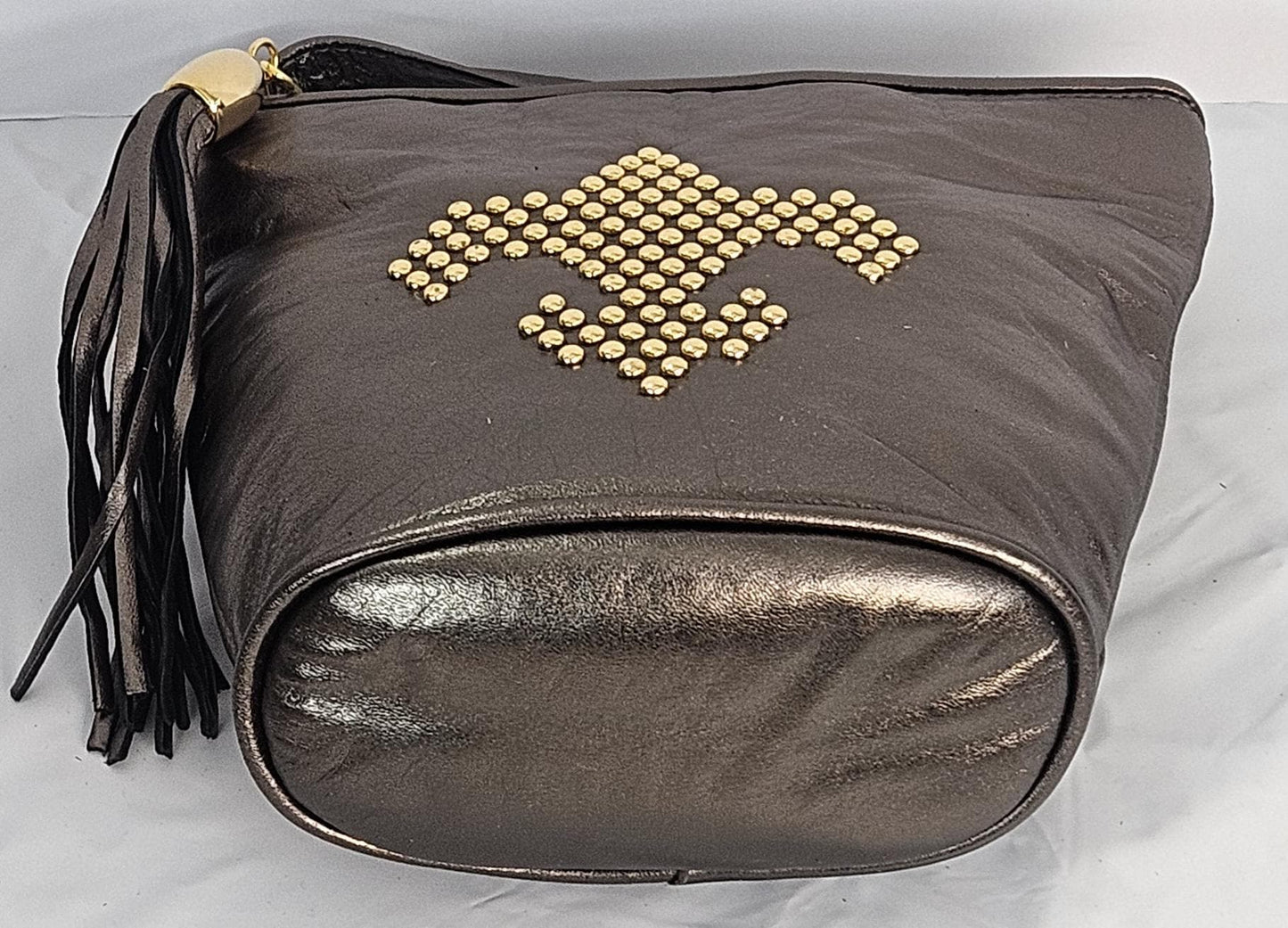 Pewter metallic with gold metal beads design Genuine Leather Handbag.#TR2099pmgb.Made in USA.