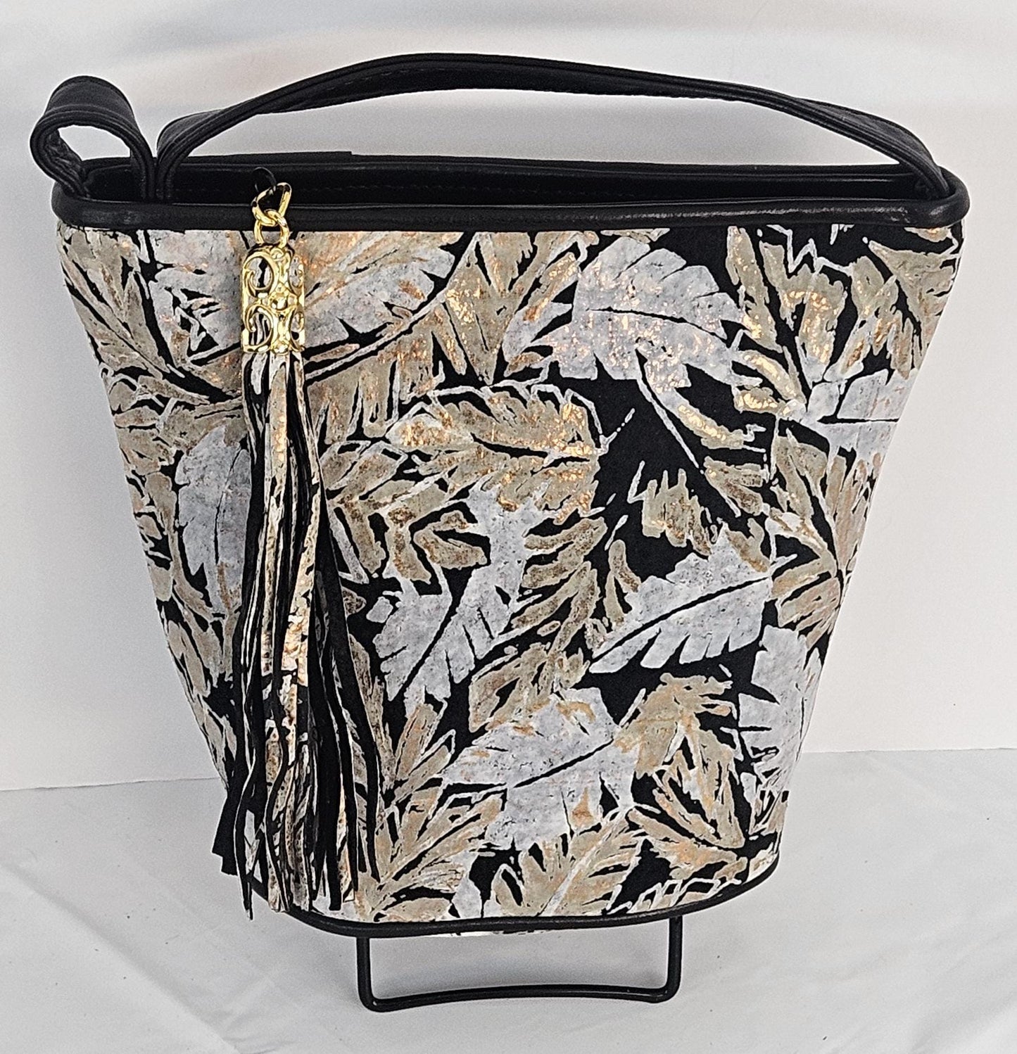 Black with Leaf print Genuine Leather Handbag.#TR2099Bwfp-2,Purses Universal Use ,Unique design. Made in USA.