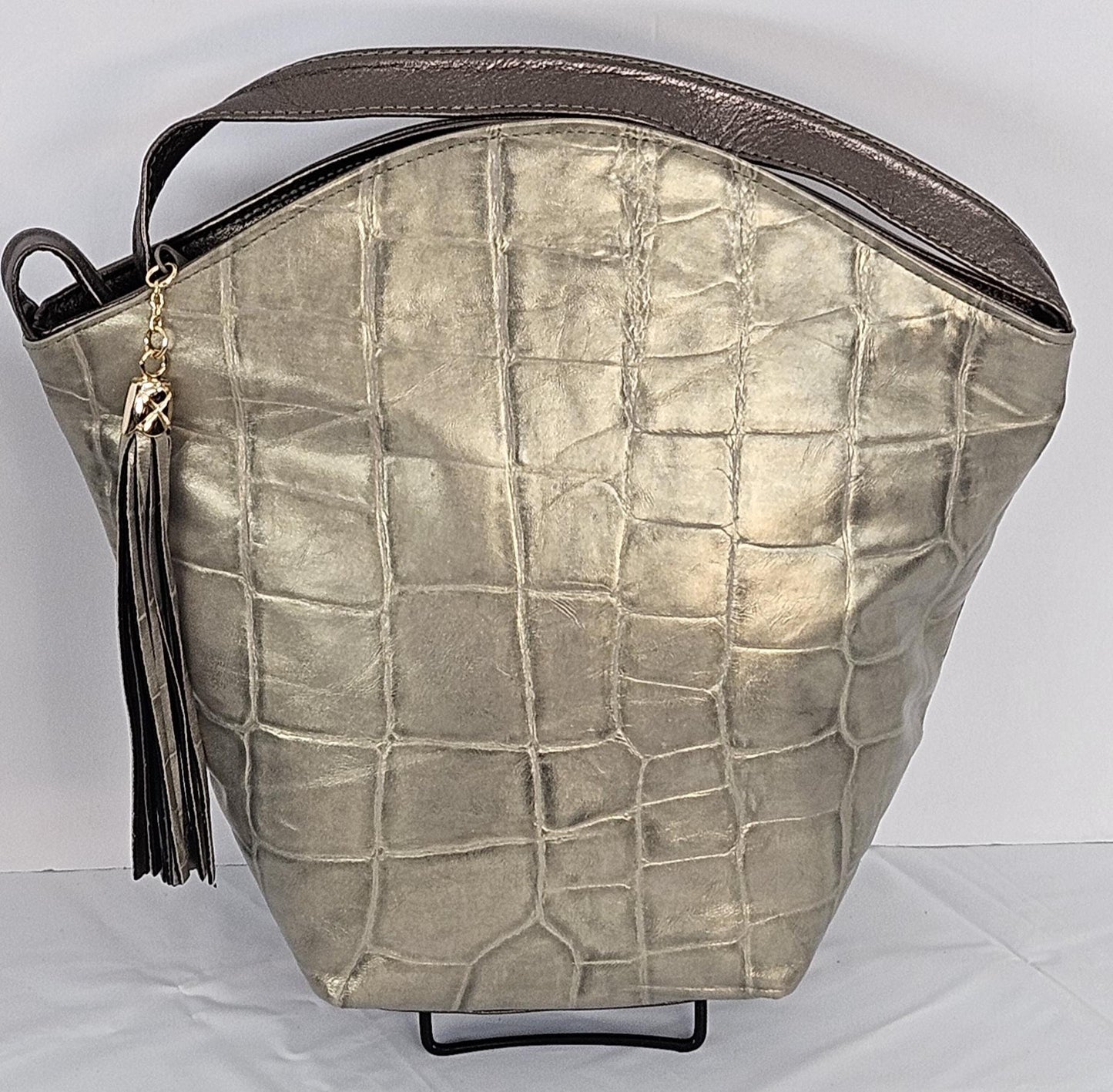 Pewter Print with pewter metallic Genuine Leather Handbag for women Universal Use.#TR9047-PewterPm.Made in USA!
