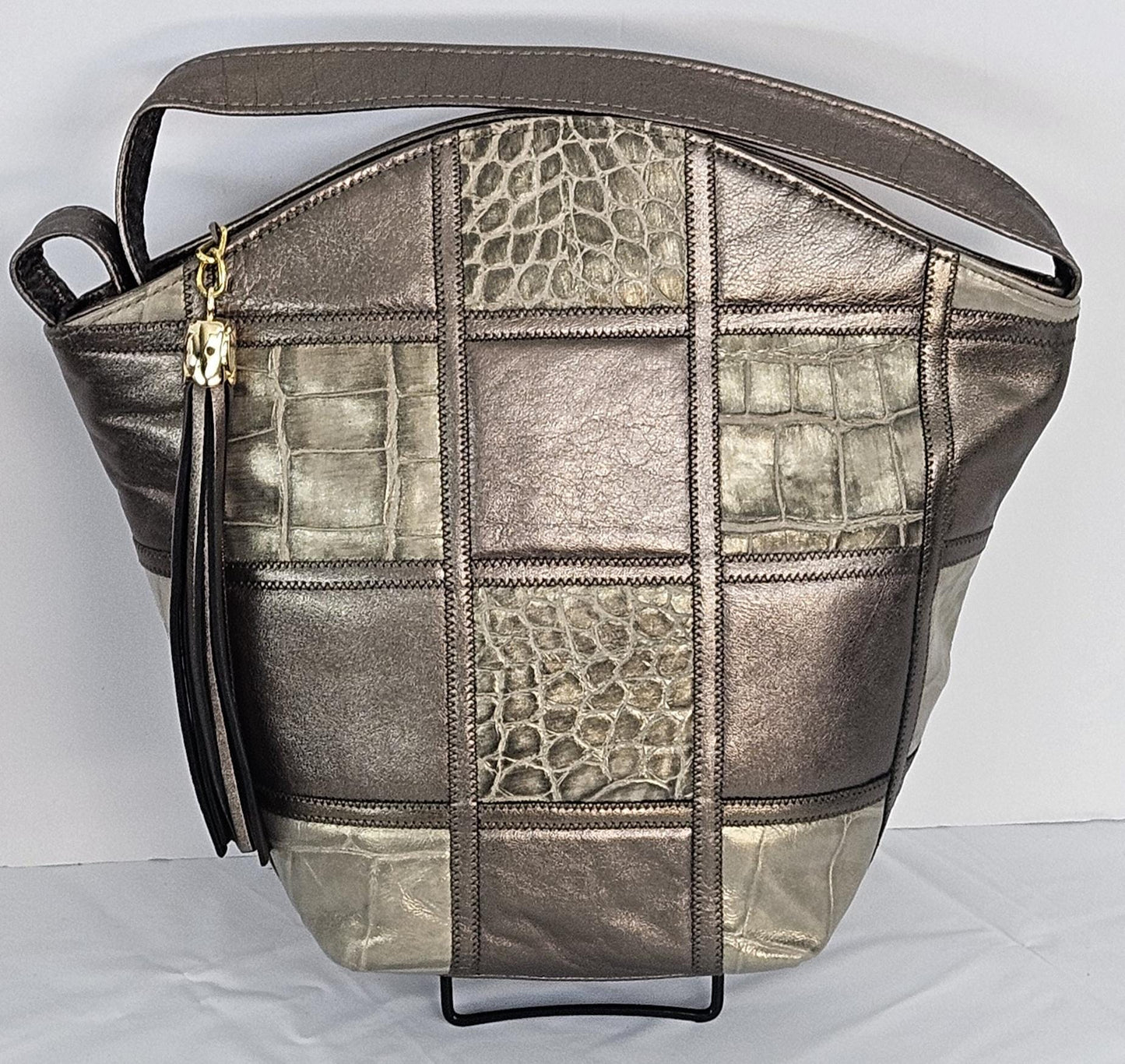 Pewter with pewter Print Zigzag square Genuine Leather Handbag for women Universal Use.#TR9047zig-P/P-sq.Made in USA!