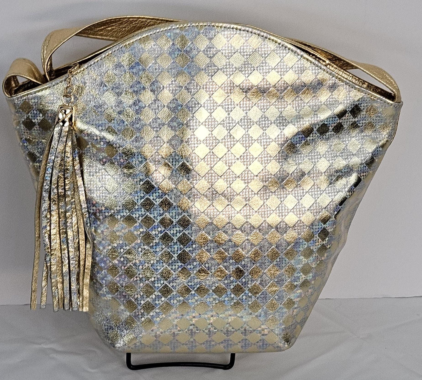 Gold with gold&silver print Genuine Leather Handbag for women Universal Use.#TR9047g-g/sp.Made in USA!