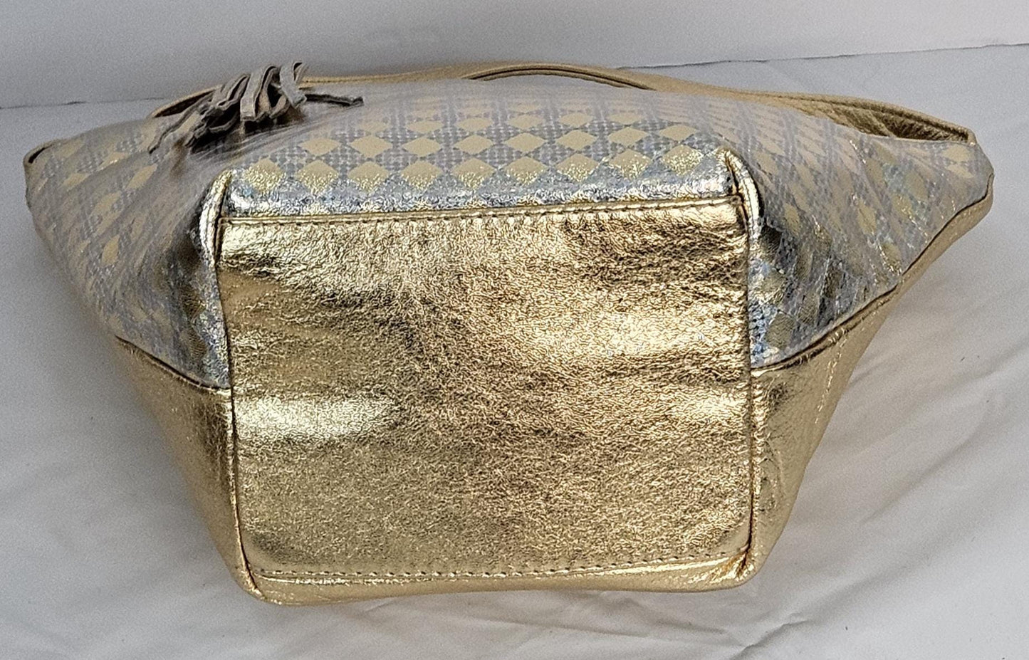 Gold with gold&silver print Genuine Leather Handbag for women Universal Use.#TR9047g-g/sp.Made in USA!