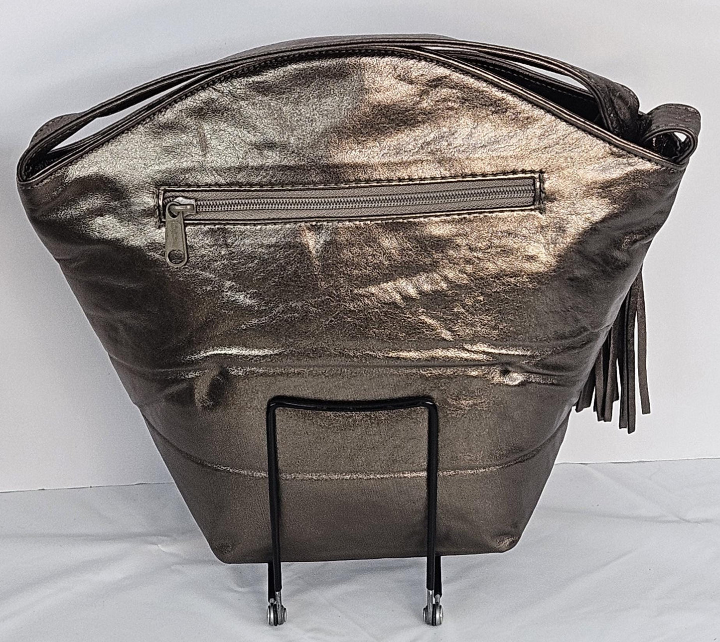 Pewter with silver,gold & bronze 6 diamonds cut Zigzag Genuine Leather Handbag for women Universal Use.#TR9047-1zig-P/6-dct.Made in USA!