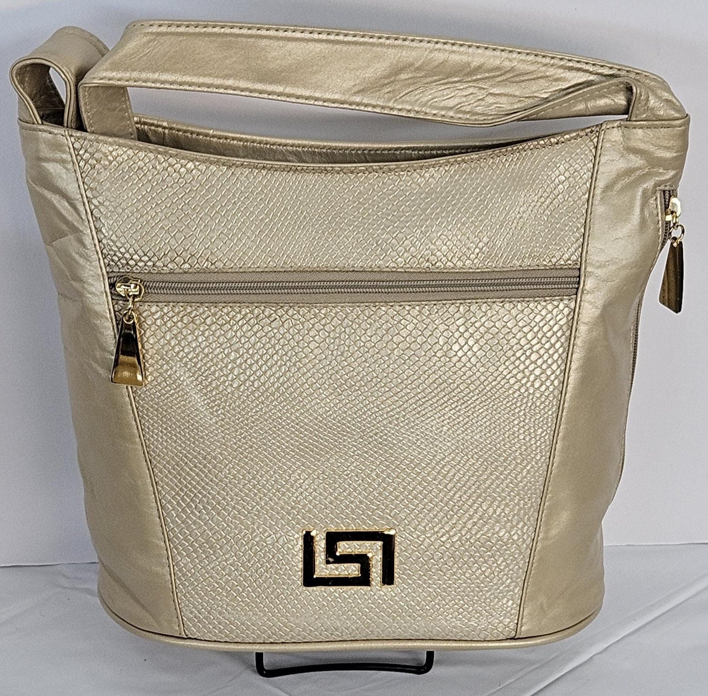 Champagne with Champagne print leather handbag! Z metal design.Made in USA!TR8006ch/chp