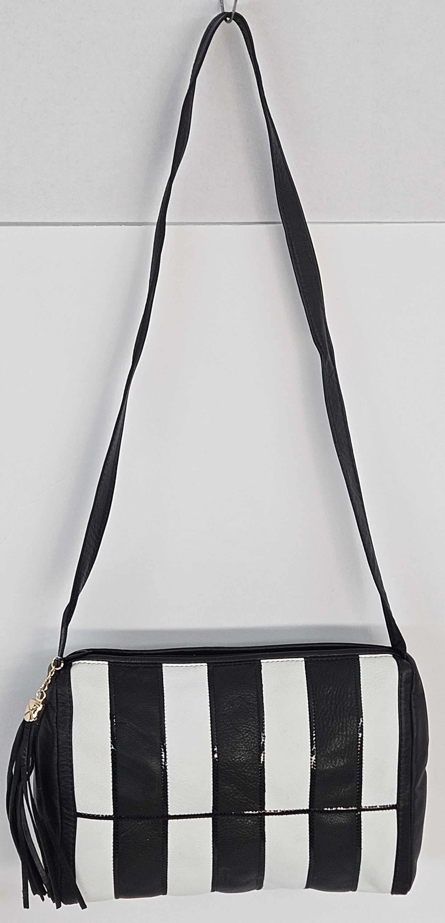 Black and white Stripe Zigzag stich Genuine Leather Handbag #TR2018BWZigzag.Made in USA.