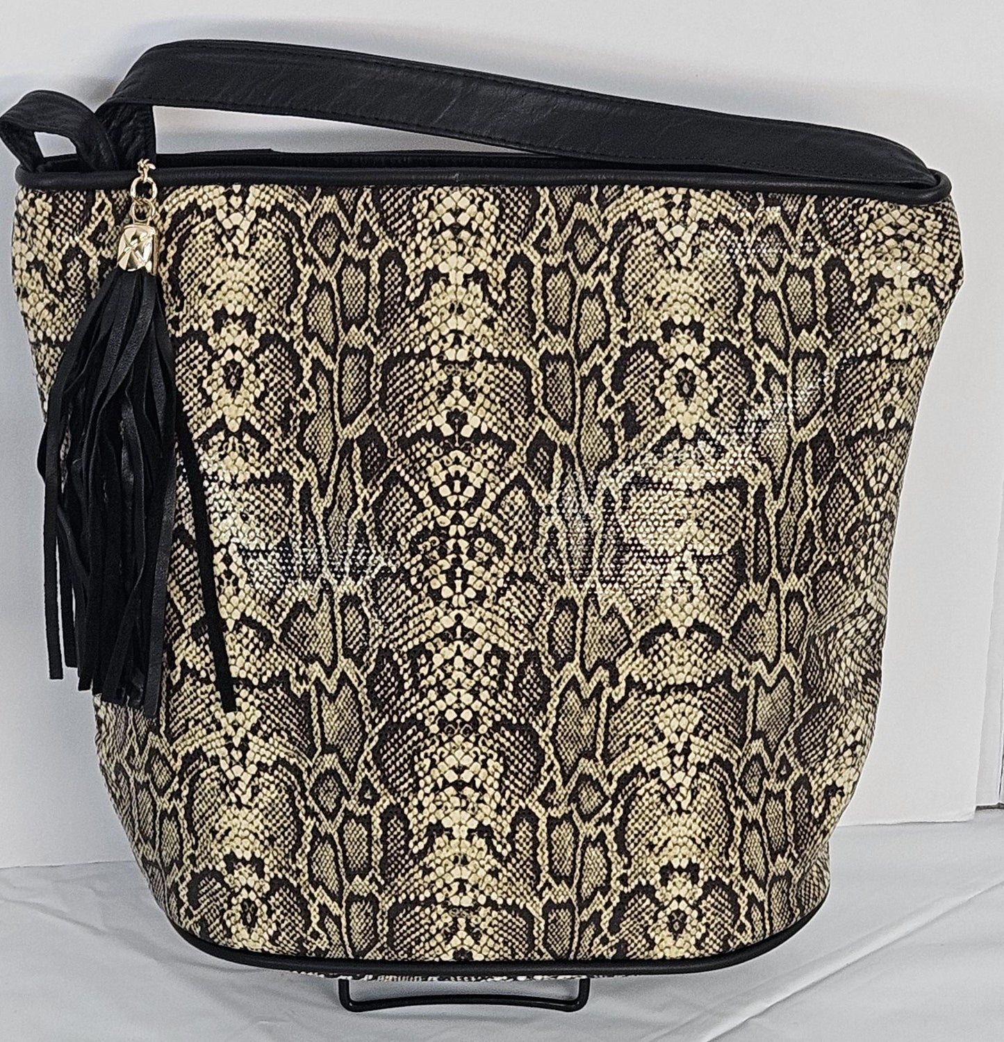 Brown Febric with black Genuine Leather Handbag.#TR2022brbk.Made in USA!