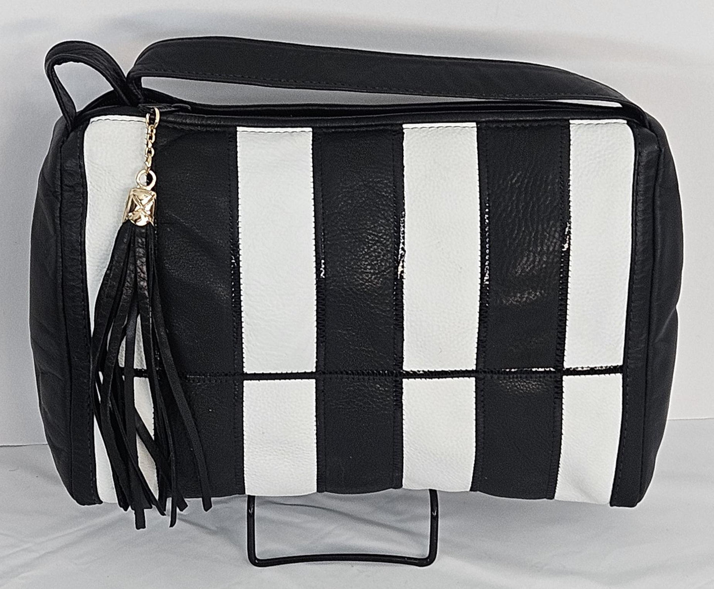 Black and white Stripe Zigzag stich Genuine Leather Handbag #TR2018BWZigzag.Made in USA.
