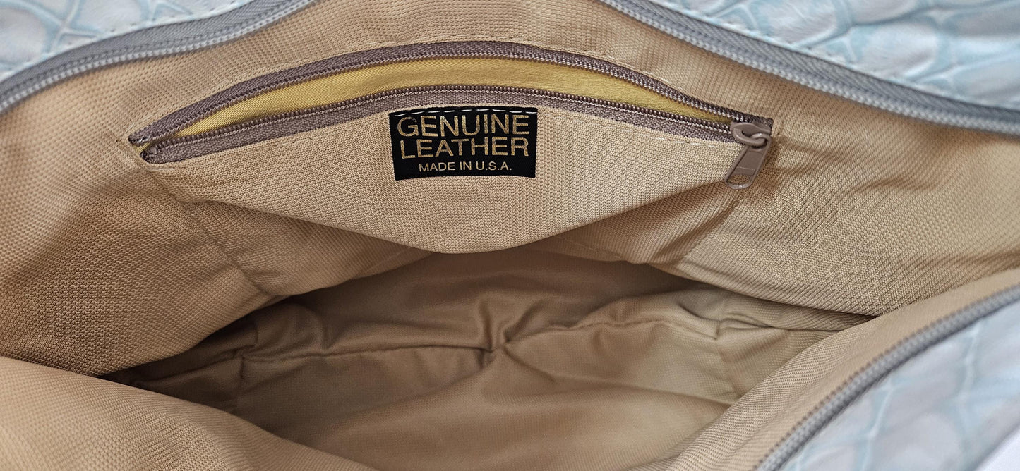 Sky blue with Grey Leather Handbag! Made in USA.#Tr8003Sbwg.