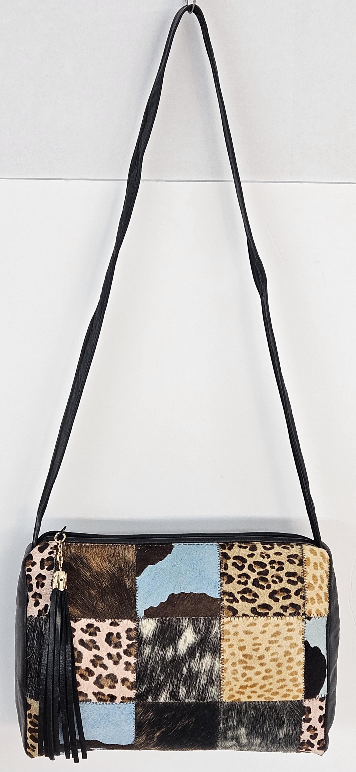 Black with Multi Print Zigzag square.Genuine Leather Handbag #TR3018BKMP.Made in USA.