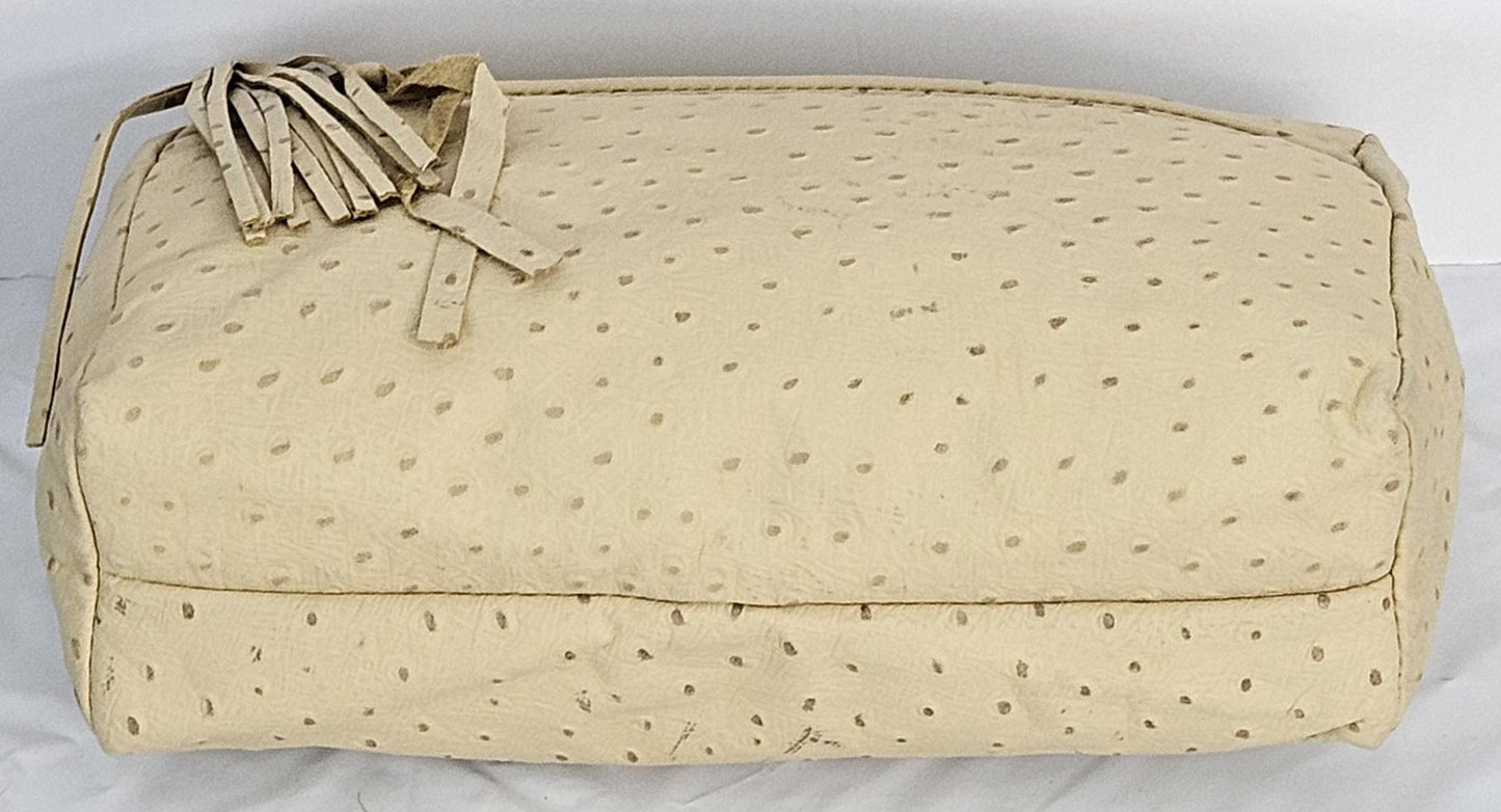 Beige Ostrich Print Genuine Leather Handbag#TR2018BOP.Made in USA.