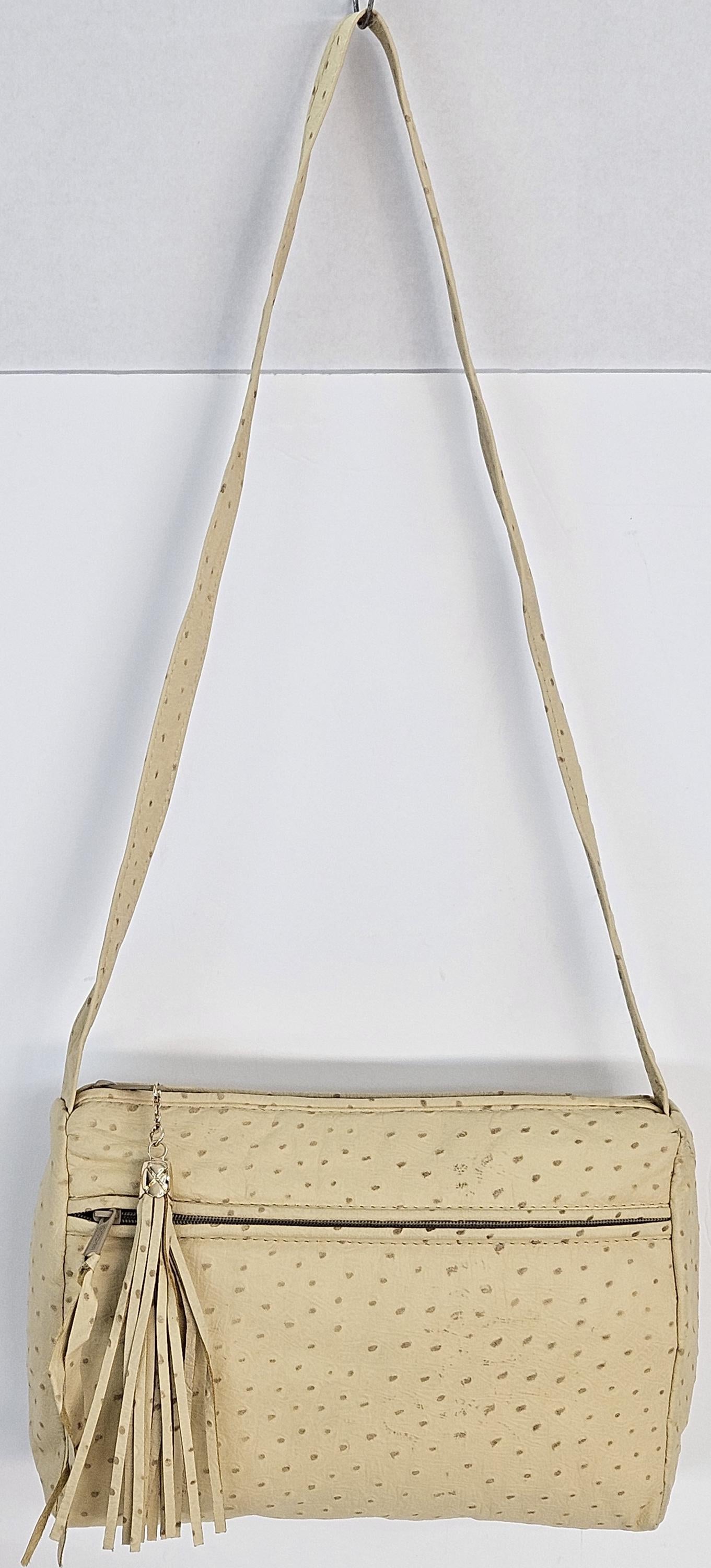 Beige Ostrich Print Genuine Leather Handbag#TR2018BOP.Made in USA.