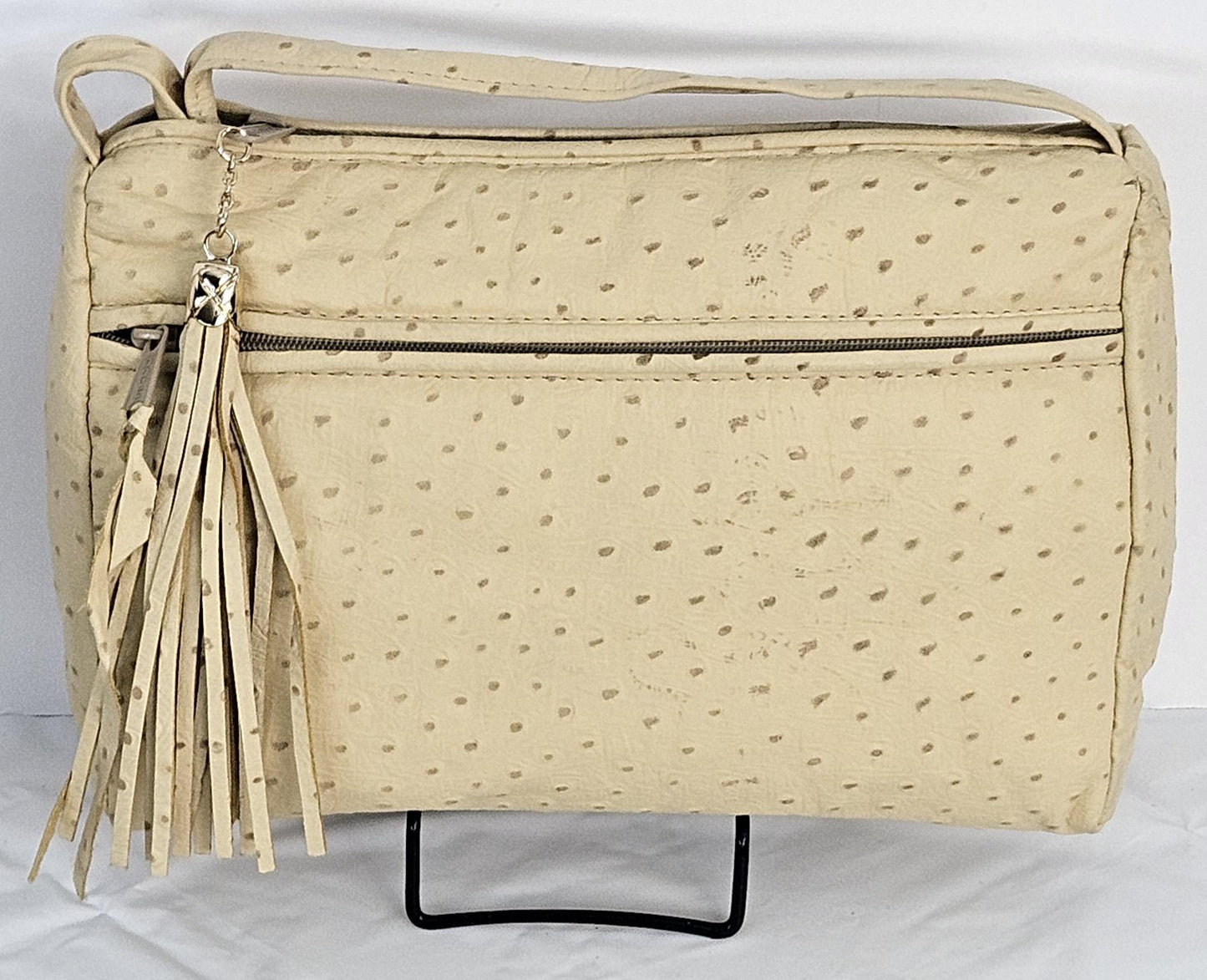 Beige Ostrich Print Genuine Leather Handbag#TR2018BOP.Made in USA.