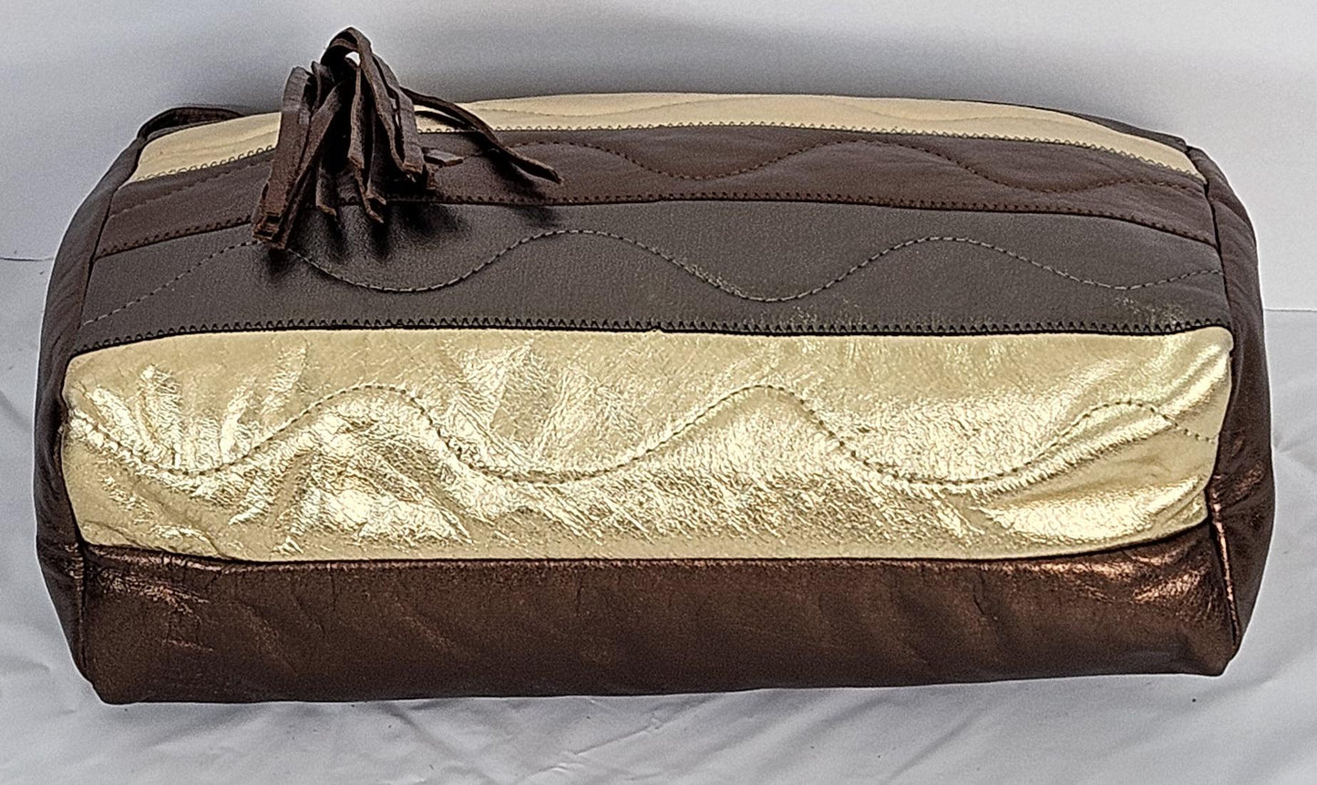 Bronze,pewter,gold metallic 3tone stich Design Genuine Leather Handbag #TR2018BPG-3t.Made in USA.