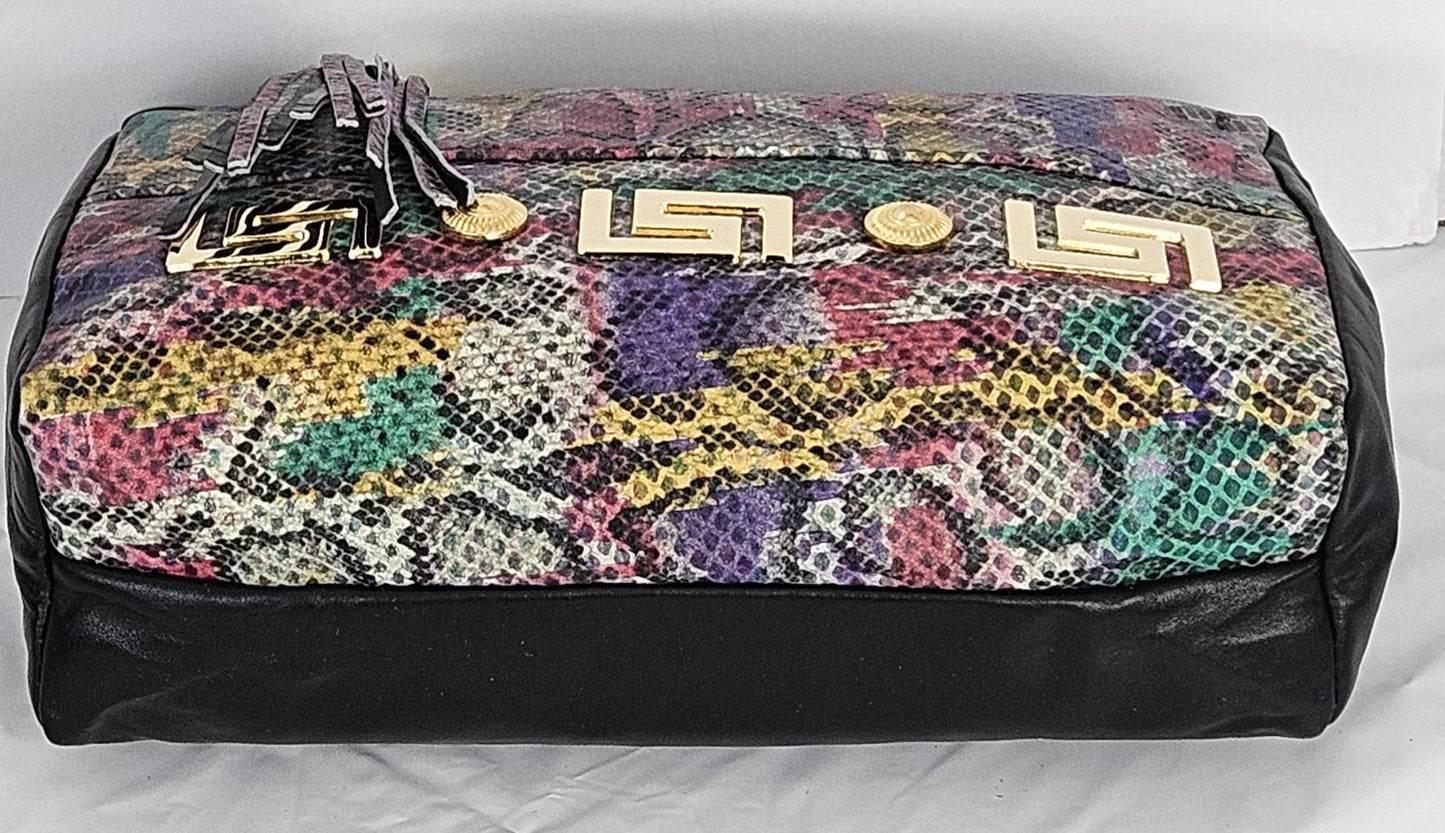 Black with Multi Print, gold matel Z&buttons design on Genuine Leather Handbag #TR2018Bkp-gmzb.Made in USA.