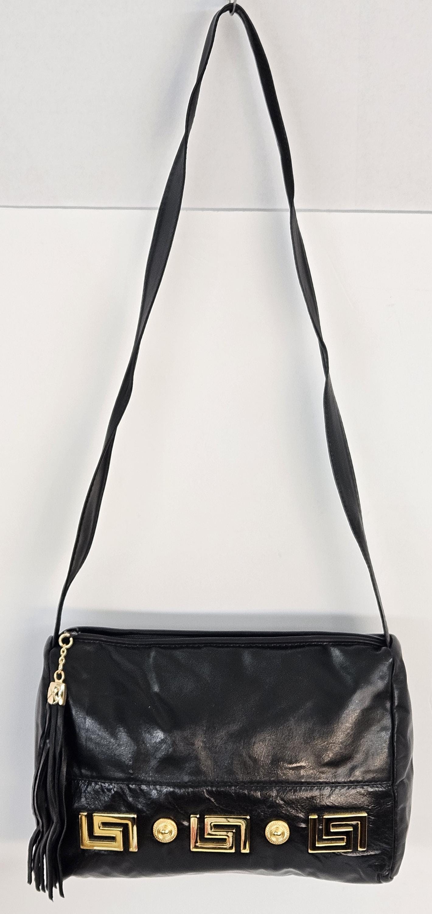 Black Genuine Leather Handbag gold matel Z&buttons design#TR2018Bk-gmzb.Made in USA.