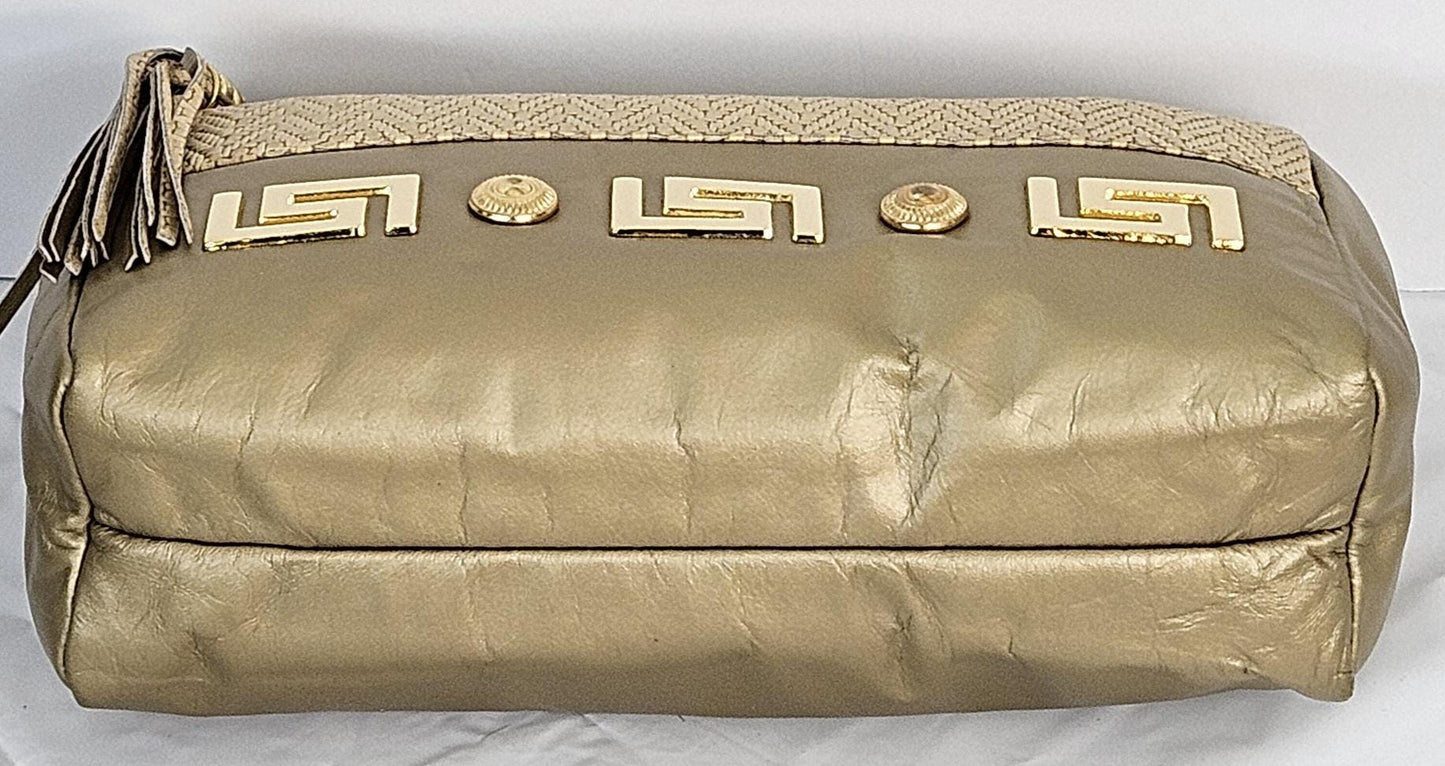 Gold mate with gold mate Print, gold matel Z&buttons design on Genuine Leather Handbag #TR2018GmGm-gmzb.Made in USA.