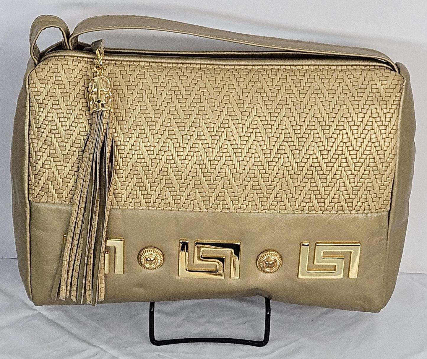 Gold mate with gold mate Print, gold matel Z&buttons design on Genuine Leather Handbag #TR2018GmGm-gmzb.Made in USA.