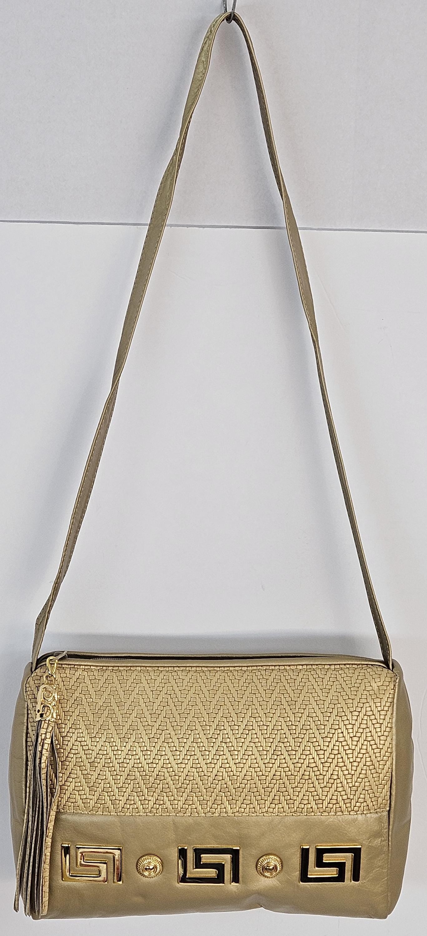 Gold mate with gold mate Print, gold matel Z&buttons design on Genuine Leather Handbag #TR2018GmGm-gmzb.Made in USA.