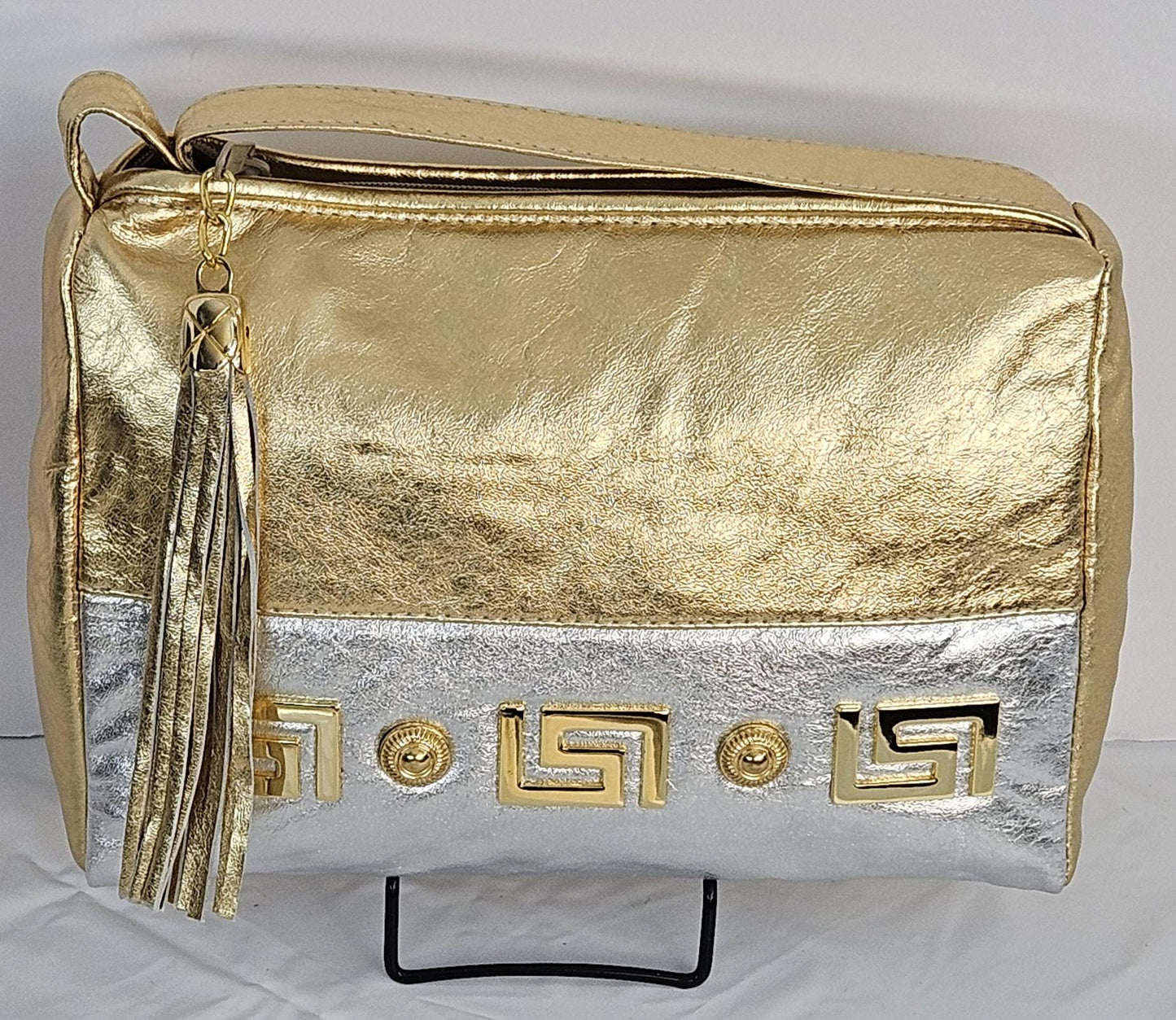Gold with silver metallic, gold matel Z&buttons design on Genuine Leather Handbag #TR2018GS-gmzb.Made in USA.