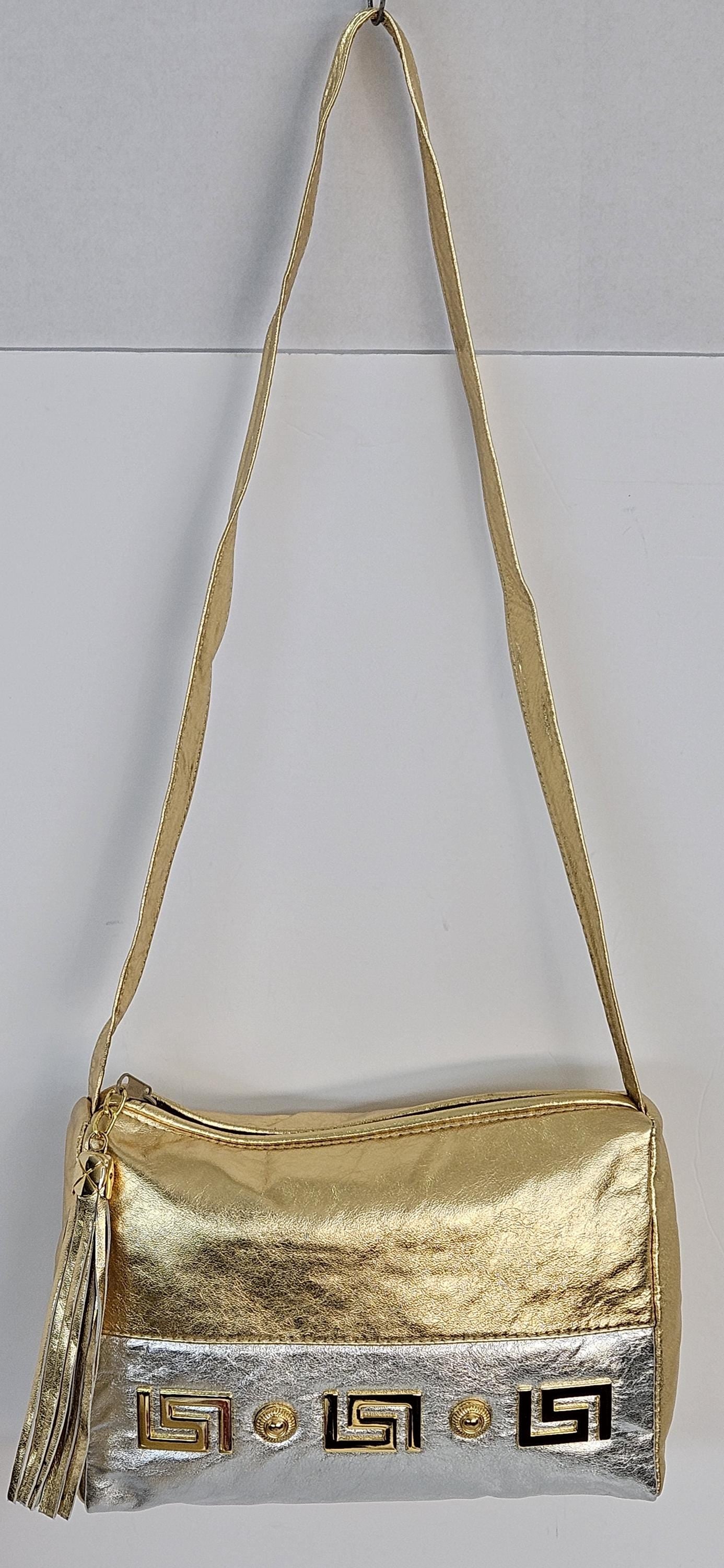 Gold with silver metallic, gold matel Z&buttons design on Genuine Leather Handbag #TR2018GS-gmzb.Made in USA.