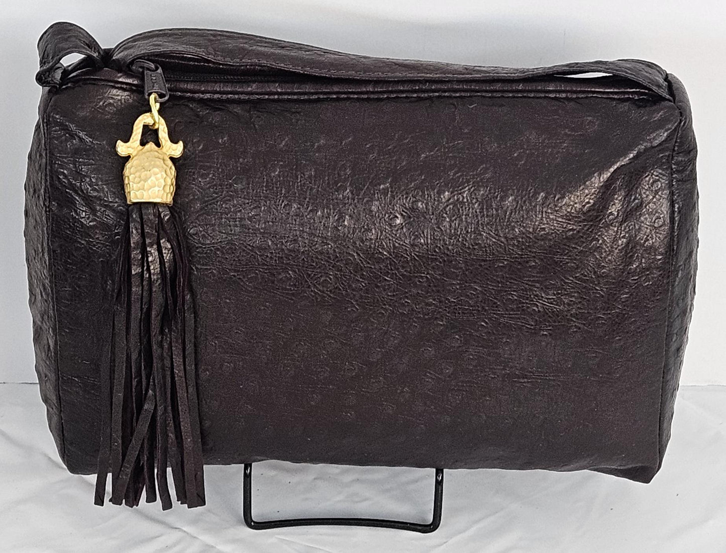 Brown Ostrich Genuine Leather Handbag #TR2018BrO.Made in USA.