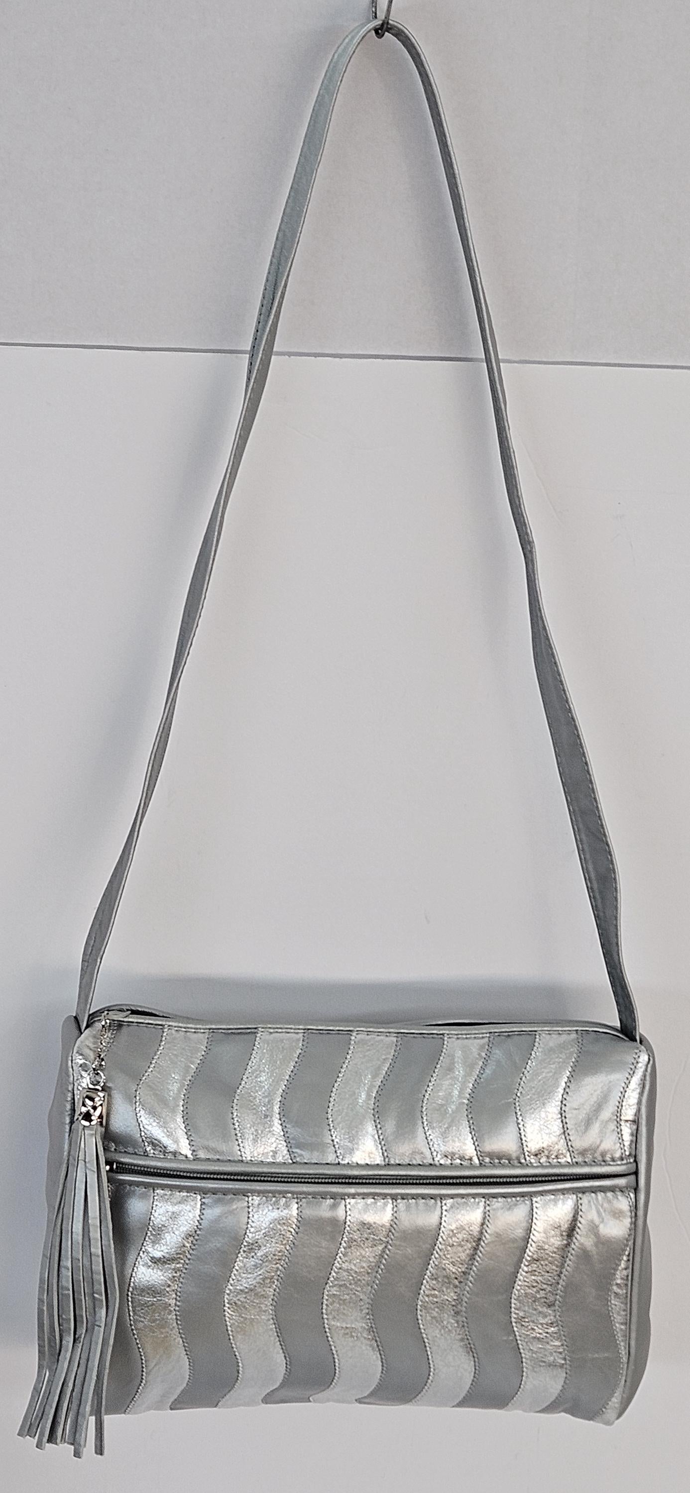 Grey with Silver Shining Zigzag strip Handbag.TR2018GSZS Purses for women, Genuine Leather Made in USA.