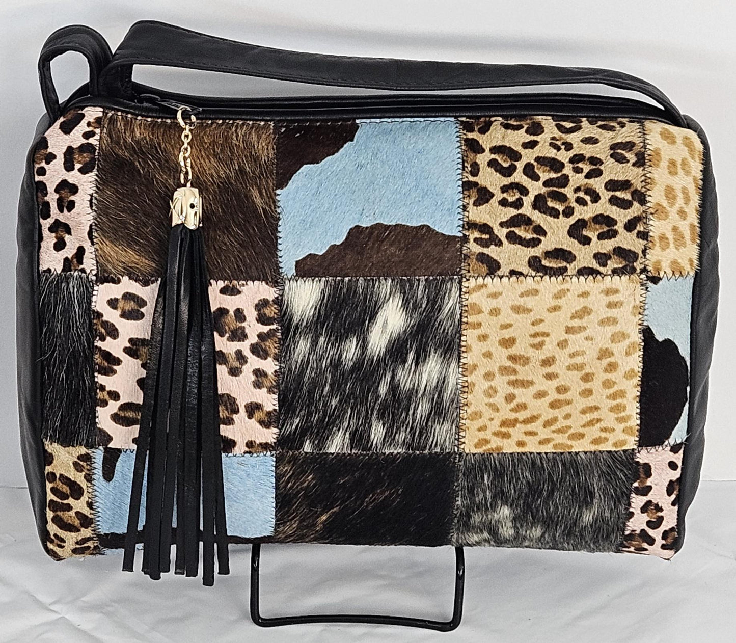 Black with Multi Print Zigzag square.Genuine Leather Handbag #TR3018BKMP.Made in USA.