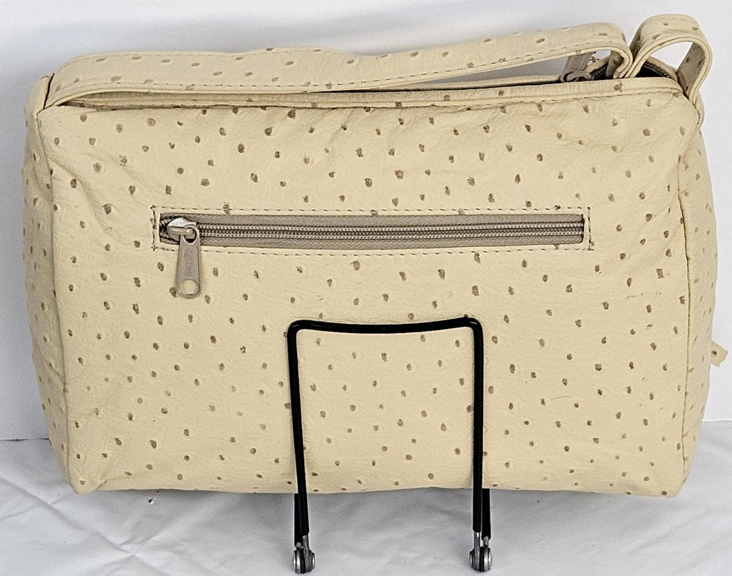 Beige Ostrich Print Genuine Leather Handbag#TR2018BOP.Made in USA.