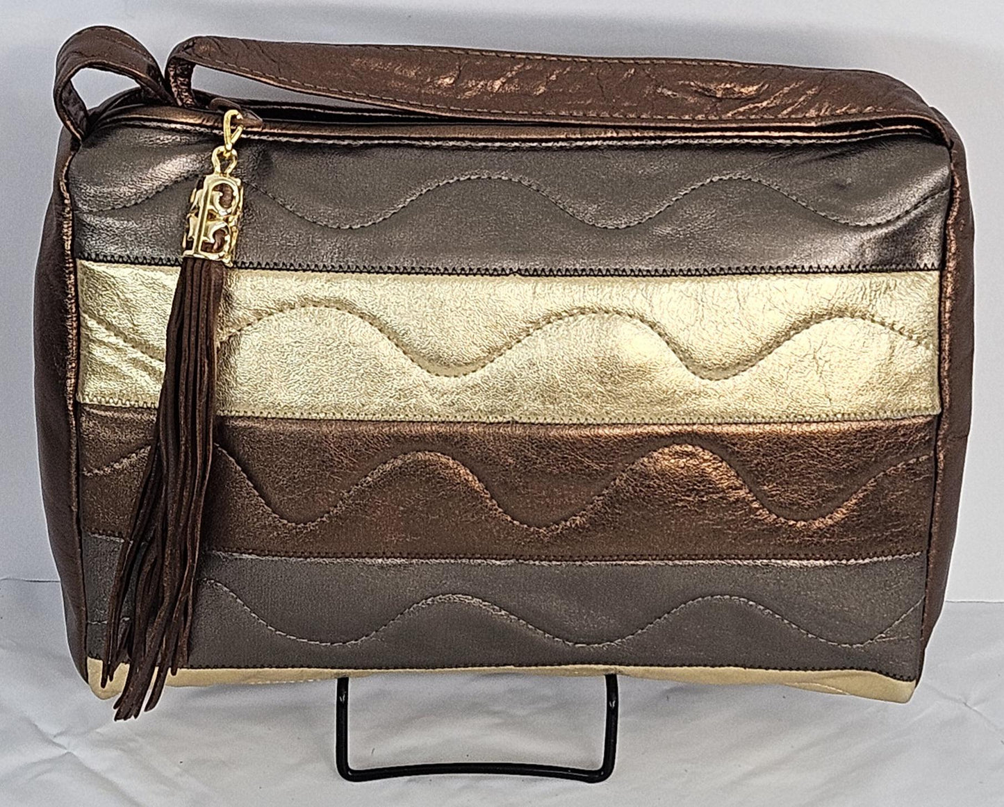 Bronze,pewter,gold metallic 3tone stich Design Genuine Leather Handbag #TR2018BPG-3t.Made in USA.
