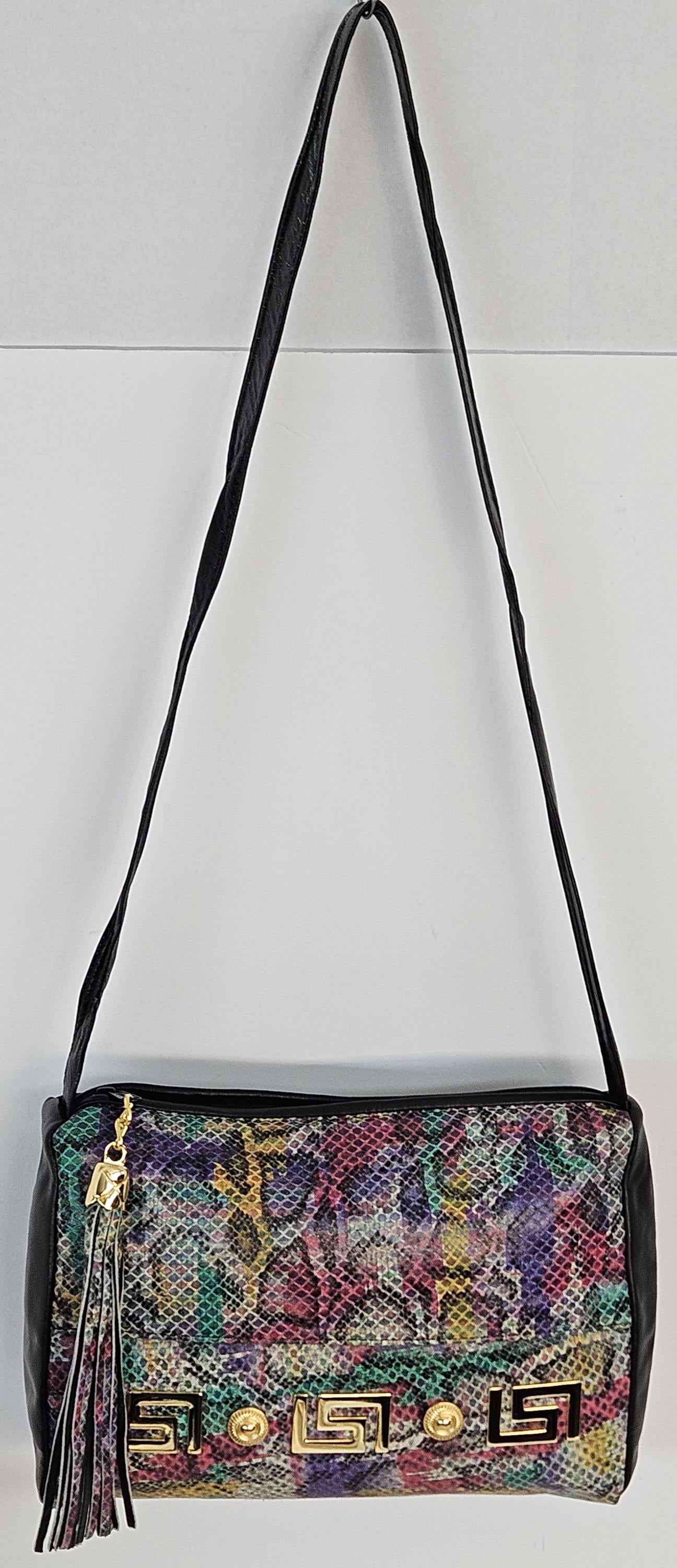 Black with Multi Print, gold matel Z&buttons design on Genuine Leather Handbag #TR2018Bkp-gmzb.Made in USA.