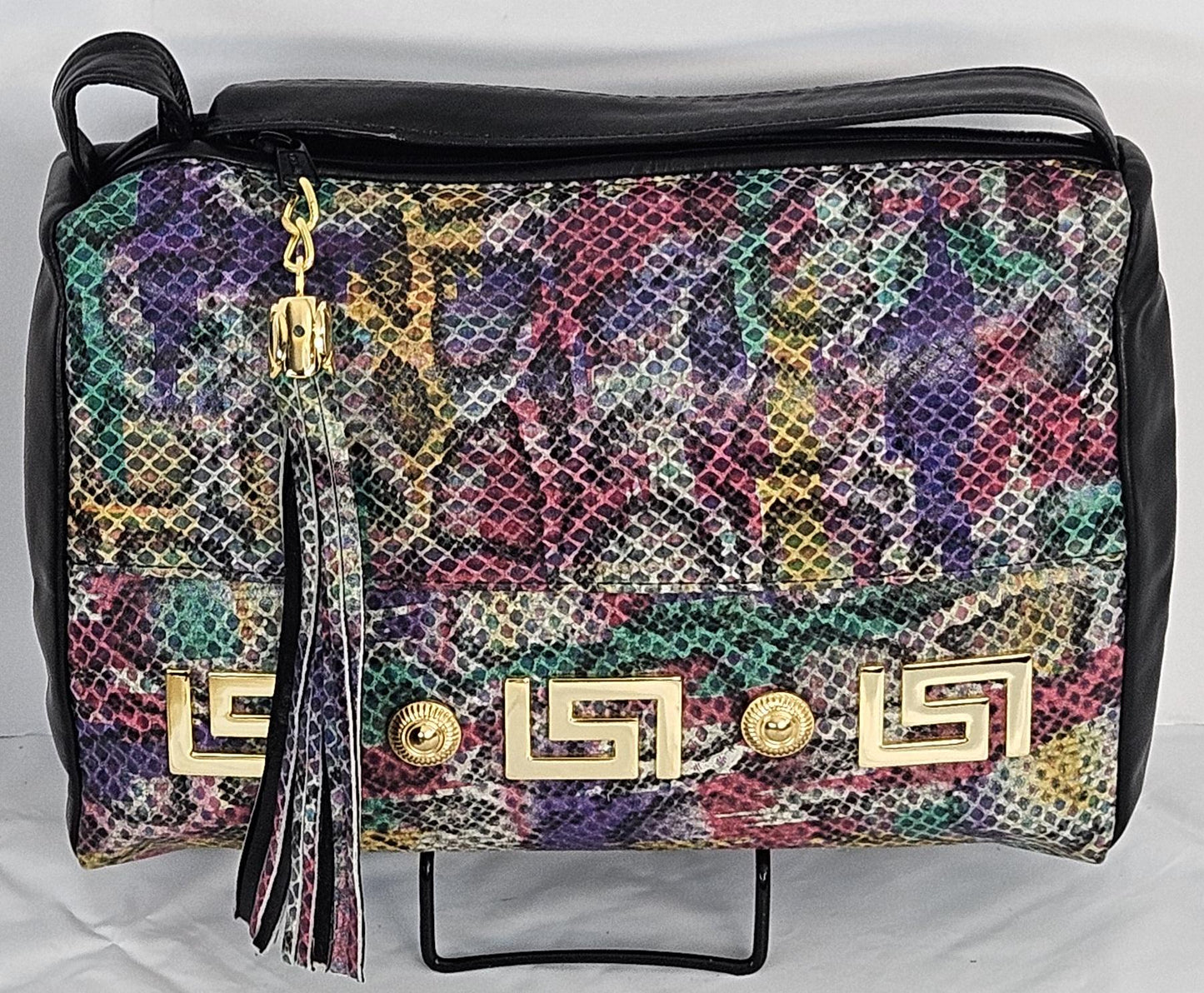 Black with Multi Print, gold matel Z&buttons design on Genuine Leather Handbag #TR2018Bkp-gmzb.Made in USA.
