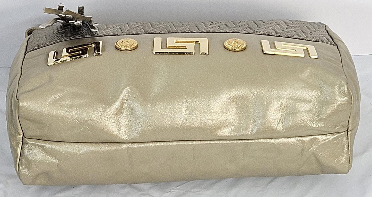 Champagne with Champagne Print, gold matel Z&buttons design on Genuine Leather Handbag #TR2018CP-gmzb.Made in USA.