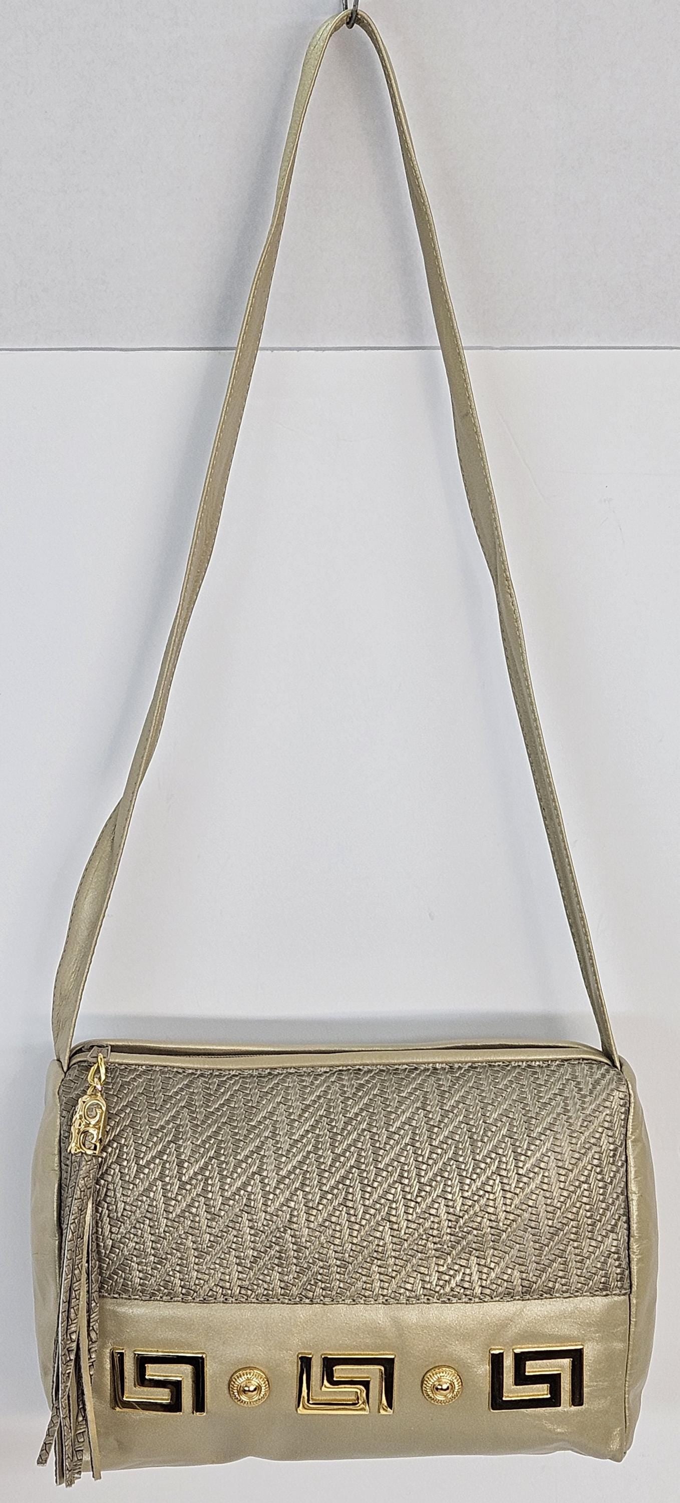 Champagne with Champagne Print, gold matel Z&buttons design on Genuine Leather Handbag #TR2018CP-gmzb.Made in USA.