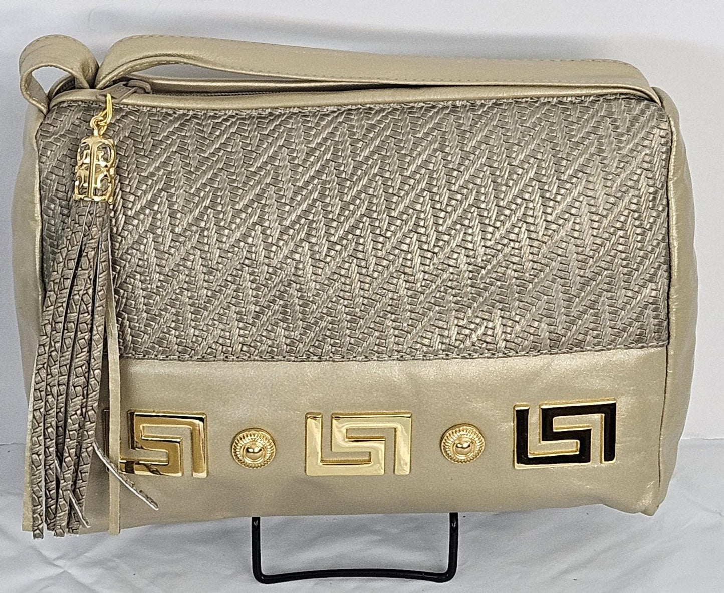 Champagne with Champagne Print, gold matel Z&buttons design on Genuine Leather Handbag #TR2018CP-gmzb.Made in USA.