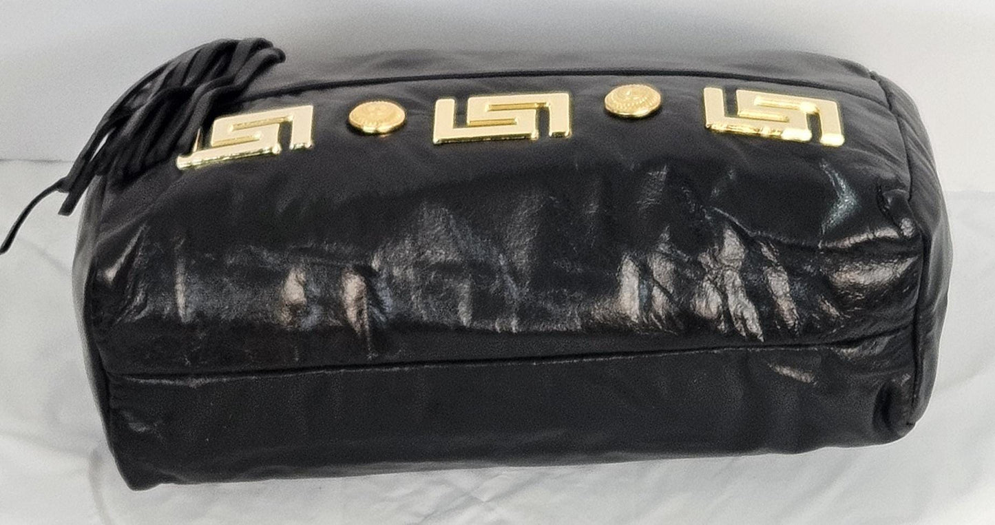 Black Genuine Leather Handbag gold matel Z&buttons design#TR2018Bk-gmzb.Made in USA.