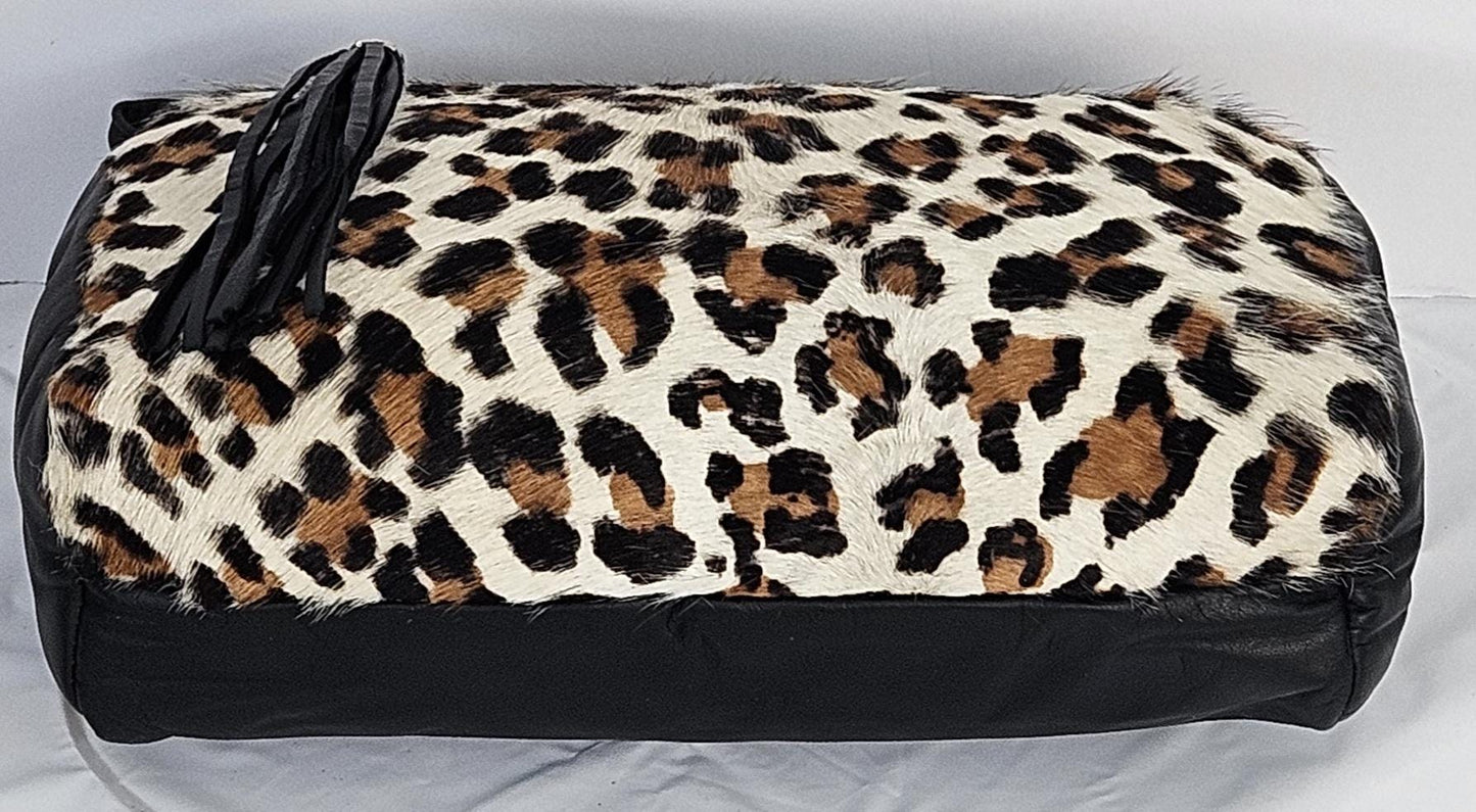 Black with Leopard print Genuine Leather Handbag #TR2018BkLP.Made in USA.