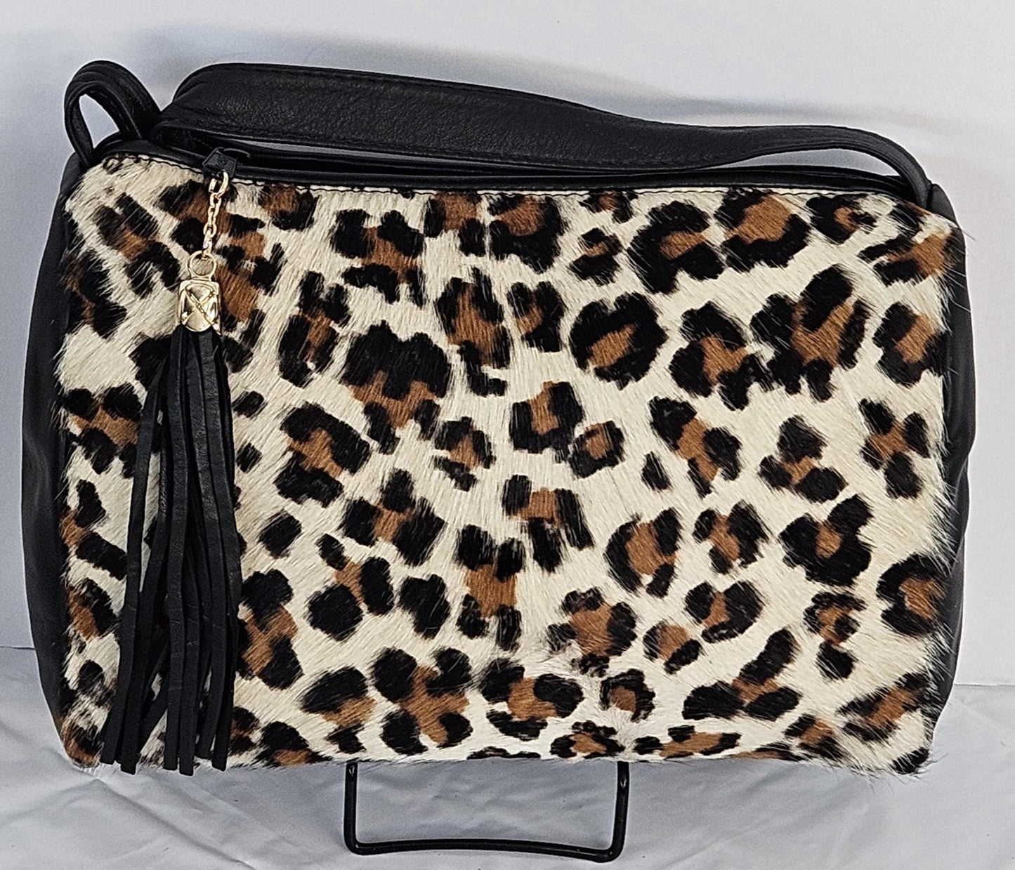 Black with Leopard print Genuine Leather Handbag #TR2018BkLP.Made in USA.
