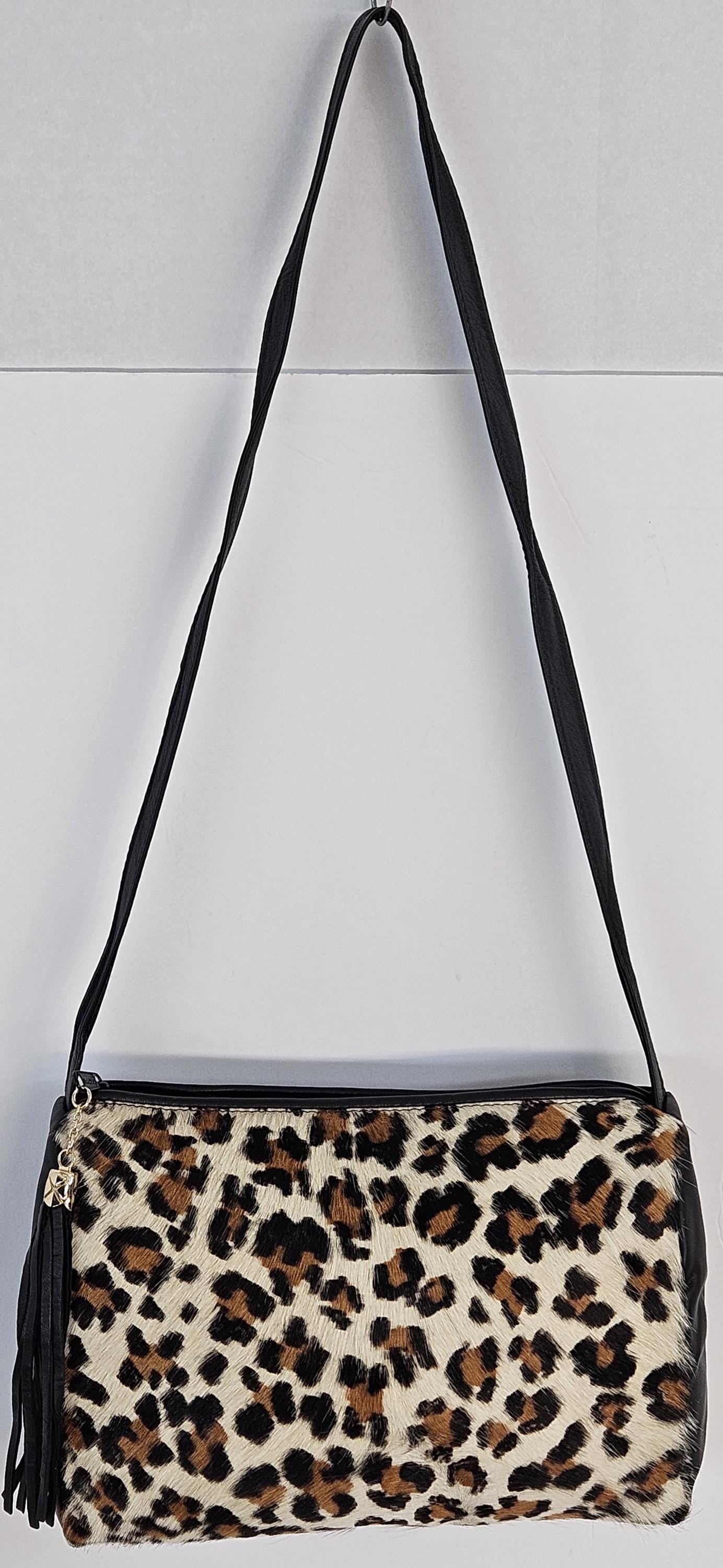 Black with Leopard print Genuine Leather Handbag #TR2018BkLP.Made in USA.
