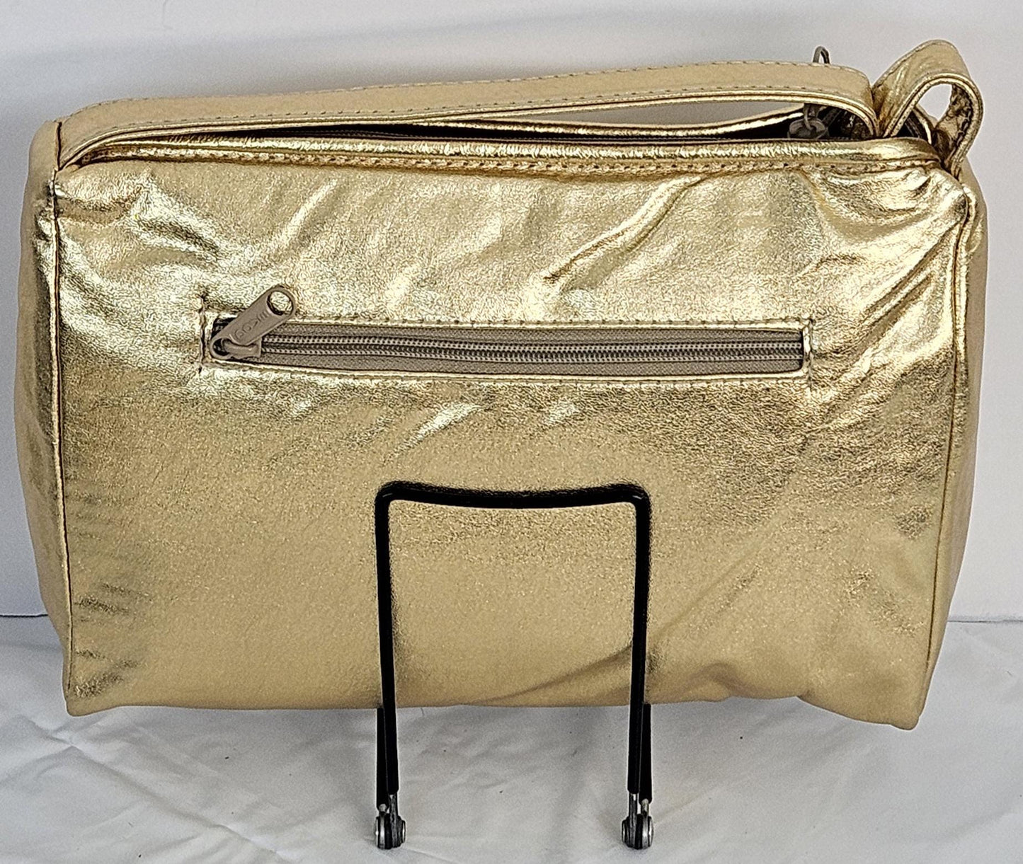 Gold with silver metallic, gold matel Z&buttons design on Genuine Leather Handbag #TR2018GS-gmzb.Made in USA.