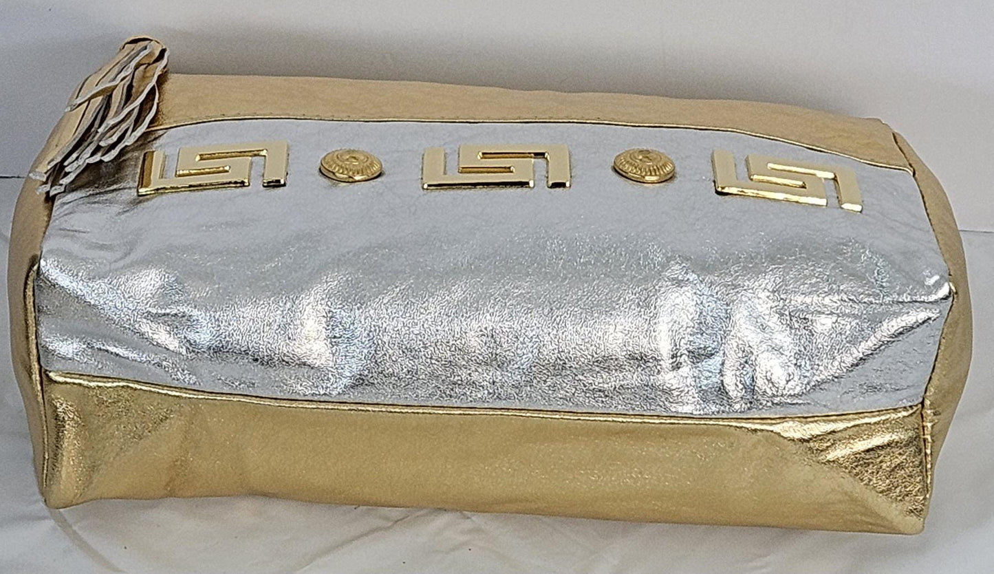 Gold with silver metallic, gold matel Z&buttons design on Genuine Leather Handbag #TR2018GS-gmzb.Made in USA.