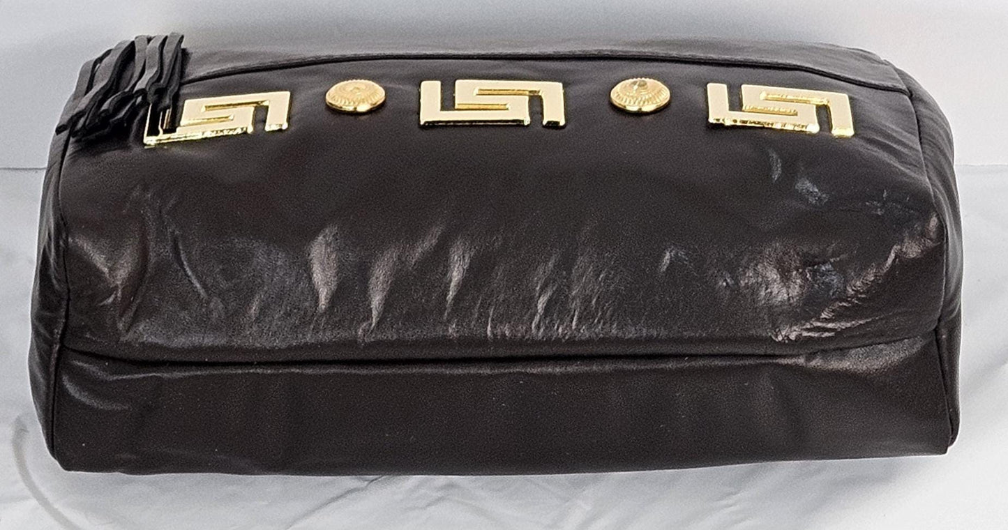 Brown Genuine Leather Handbag gold matel Z&buttons design#TR2018Br-gmzb.Made in USA.