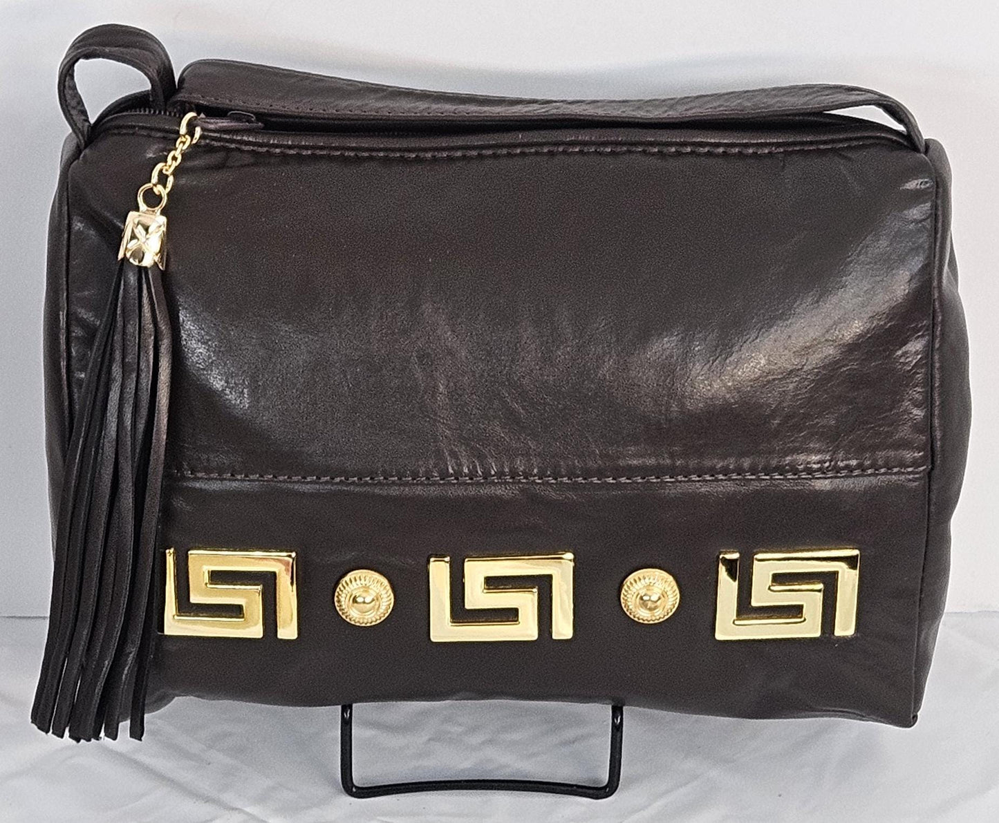 Brown Genuine Leather Handbag gold matel Z&buttons design#TR2018Br-gmzb.Made in USA.