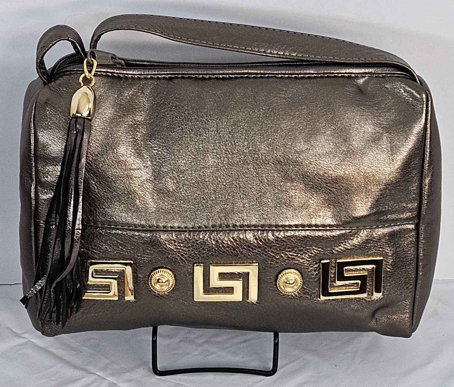 Pewter Shining Genuine Leather Handbag gold matel Z&buttons design#TR2018P1-gmzb.Made in USA.
