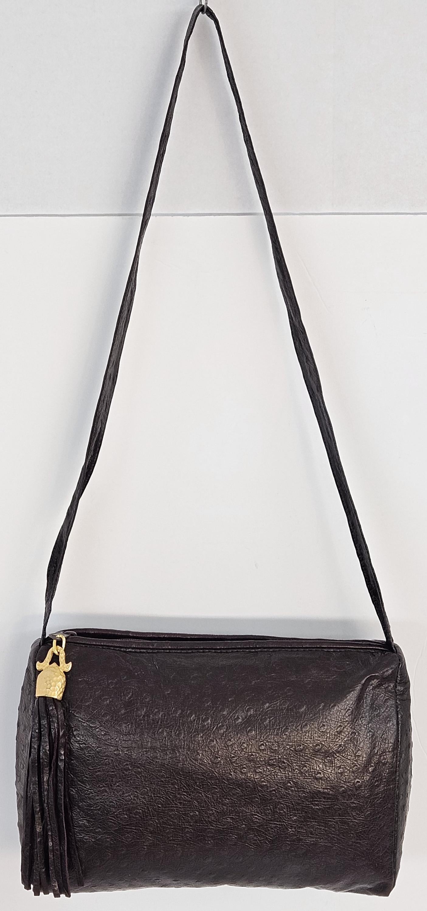 Brown Ostrich Genuine Leather Handbag #TR2018BrO.Made in USA.