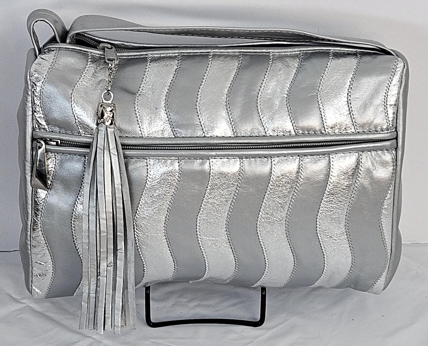 Grey with Silver Shining Zigzag strip Handbag.TR2018GSZS Purses for women, Genuine Leather Made in USA.