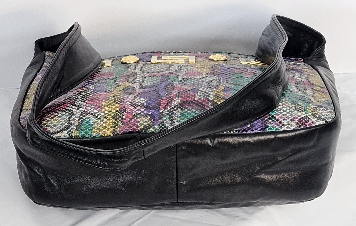 Black with purple Multi Print Leather gold matel Z &buttons design.Handbag!Made in USA.#Tr8003Bkpmgz.